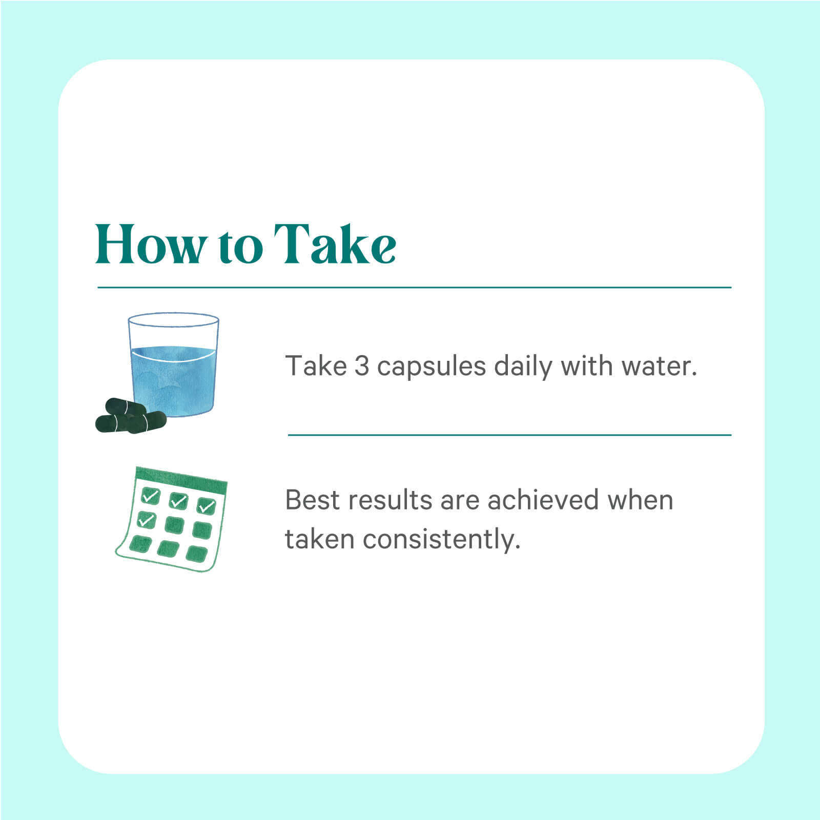 Instruction graphic featuring a glass of water and three capsules: Take 3 Organic Blue-Green Algae Capsules daily with water. For best results, use consistently. Includes a calendar and highlights organic algae benefits from The Synergy Company.