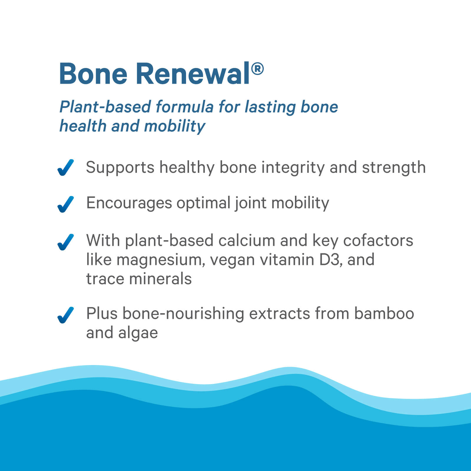 Infographic for Bone Renewal® by The Synergy Company, a plant-based formula for bone health and mobility. Benefits: supports bone strength and joint mobility with plant-based vitamins, minerals, calcium, magnesium, D3, bamboo & algae extracts.