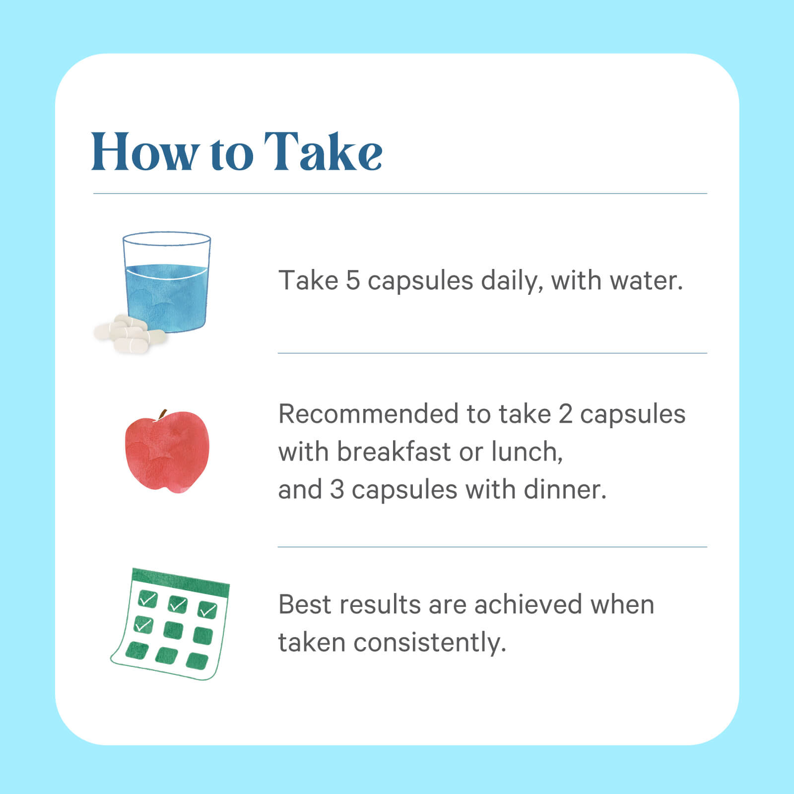 Instructional graphic features a glass of water, apple, and calendar. Text: Take 5 Bone Renewal® by The Synergy Company capsules daily with water—2 at breakfast or lunch, 3 with dinner—to support bone health when taken consistently.