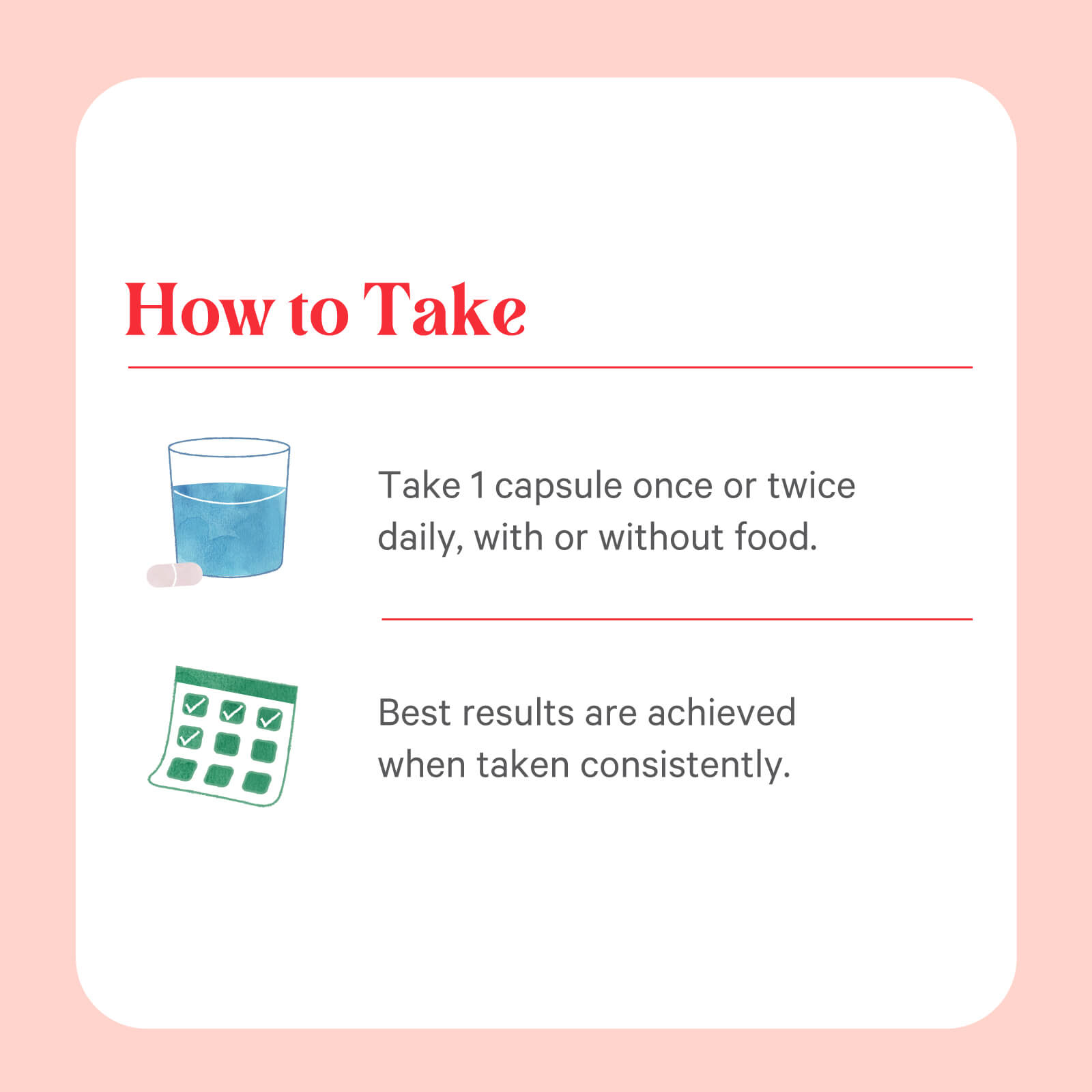 Instructional graphic showing a glass of water, capsules, and a checklist calendar, with directions for taking Organic Pure Radiance C® Capsules—made with natural vitamin C from organic camu camu and acerola cherry—daily for best results.