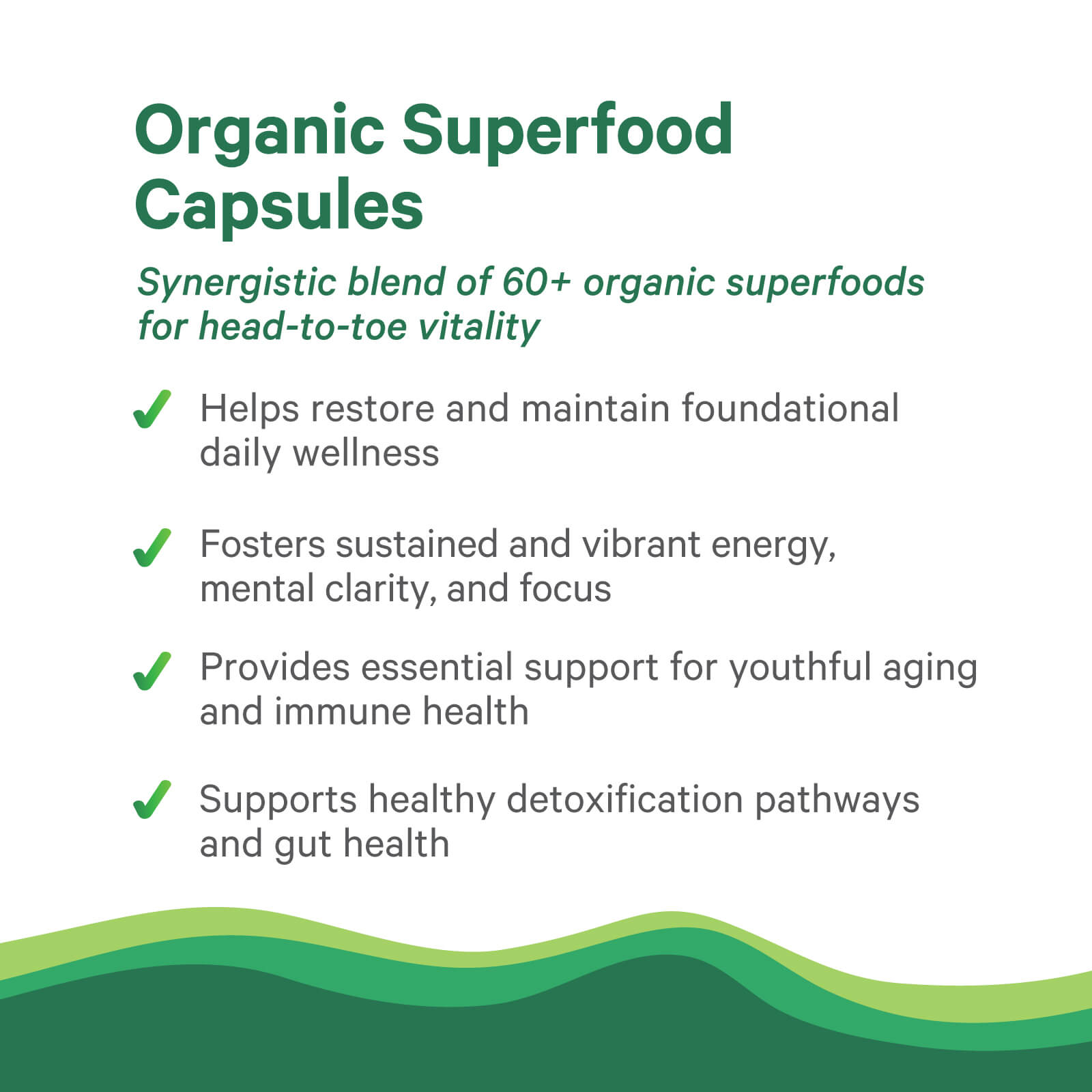 Informational graphic titled Pure Synergy® Organic Superfood Capsules by The Synergy Company, featuring organic ingredients and benefits like wellness, energy, mental clarity, aging, immune support, detoxification, and gut health on a green background.