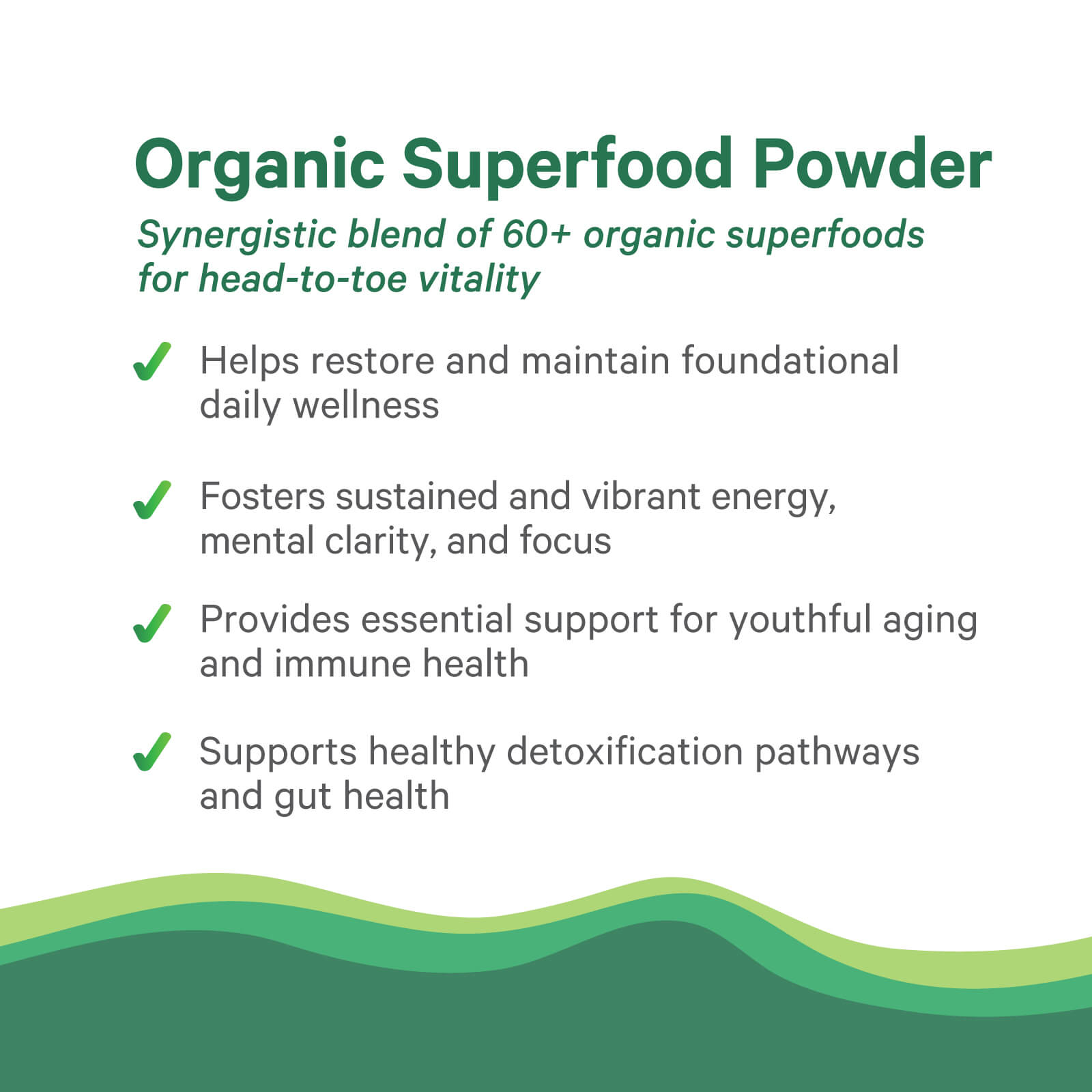 Infographic for The Synergy Company’s Pure Synergy® Organic Superfood — 12.5 oz Powder: organic ingredients, restores wellness, boosts energy/focus, supports immunity and aging, aids detox and gut health. Green check marks & wavy green design at bottom.