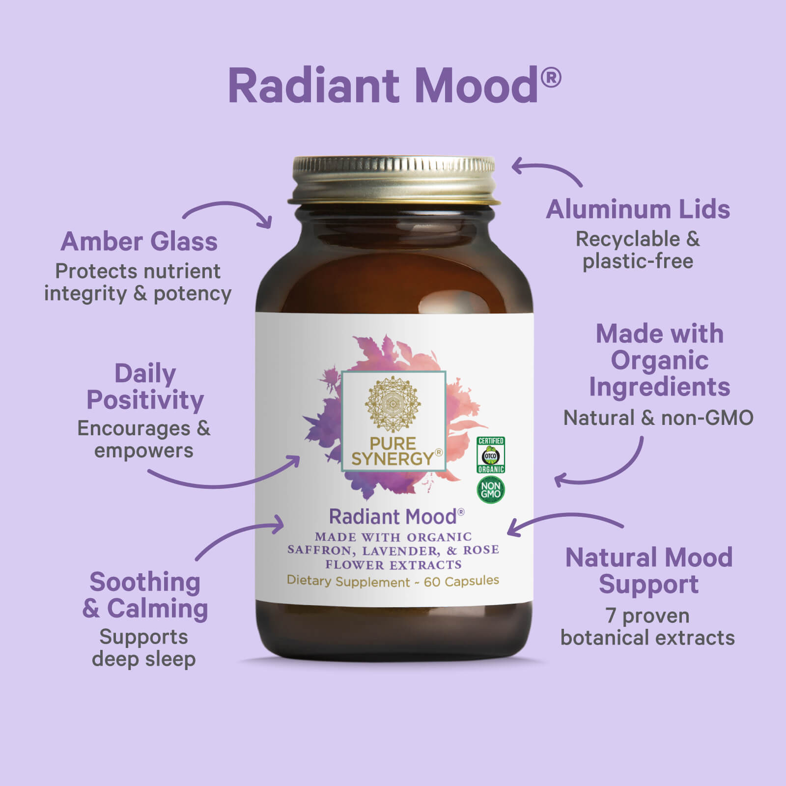 A brown bottle of Radiant Mood® by The Synergy Company sits on a purple background, with arrows pointing to features like an aluminum lid, organic ingredients, support for mood balance, restful sleep, and soothing benefits.