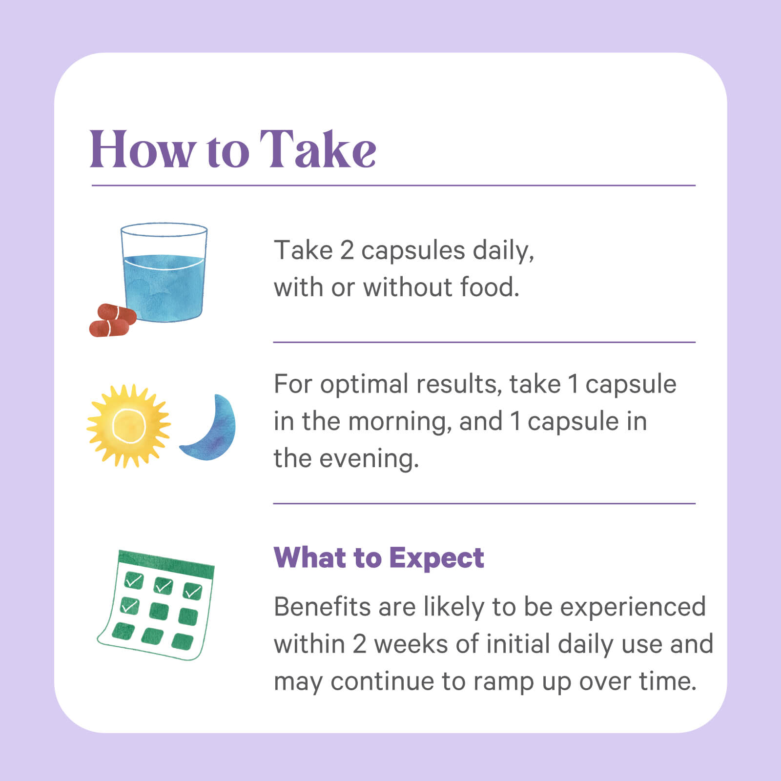 Instruction graphic with images of a glass of water, capsules, a sun, moon, and calendar. It shows to take 1 Radiant Mood® capsule by The Synergy Company each morning and evening for mood balance and relaxation; benefits may appear in 2 weeks.