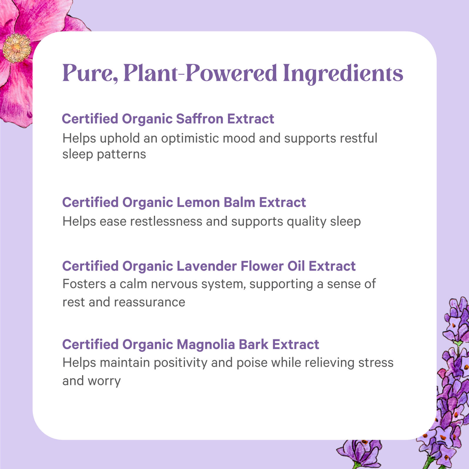 A purple and white graphic titled "Pure, Plant-Powered Ingredients" for The Synergy Company's Radiant Mood® lists saffron, lemon balm, lavender flower oil, and magnolia bark, noting mood and sleep benefits, with floral illustrations in the corners.
