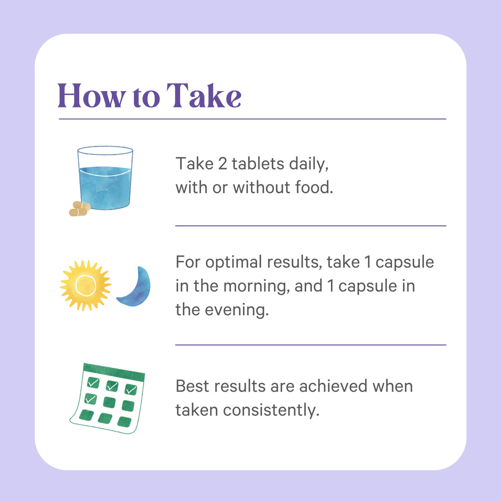 Instructional graphic shows Stress Remedy® by The Synergy Company: take 2 tablets daily with water for stress balance, use morning and evening for focus, and use consistently as adaptogens work best over time.