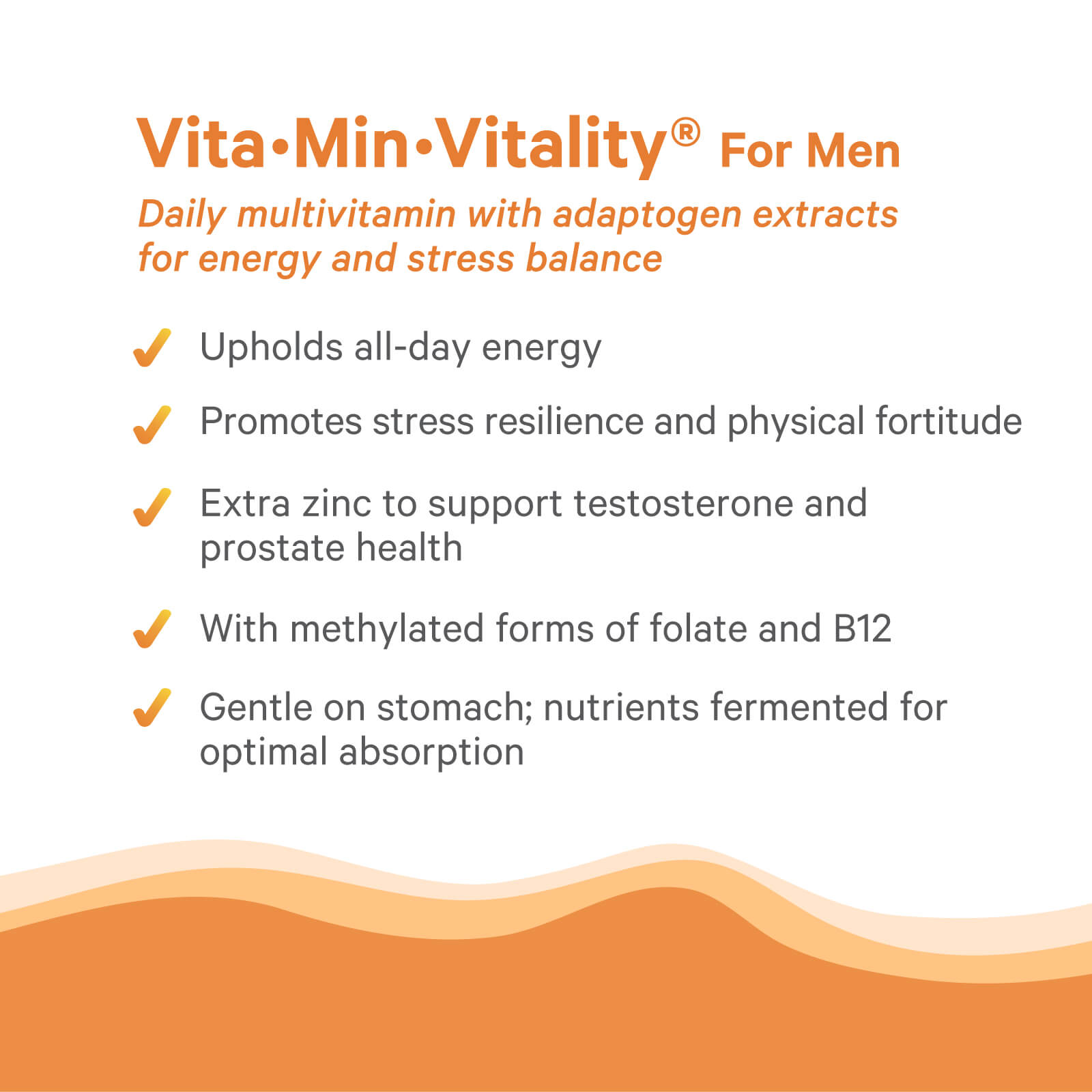 The Synergy Company’s Vita•Min•Vitality® For Men delivers all-day energy, stress resilience, adaptogen extracts, extra zinc for testosterone, methylated folate & B12, gentle digestion, and fermented vitamins for absorption—now with an orange wave design.