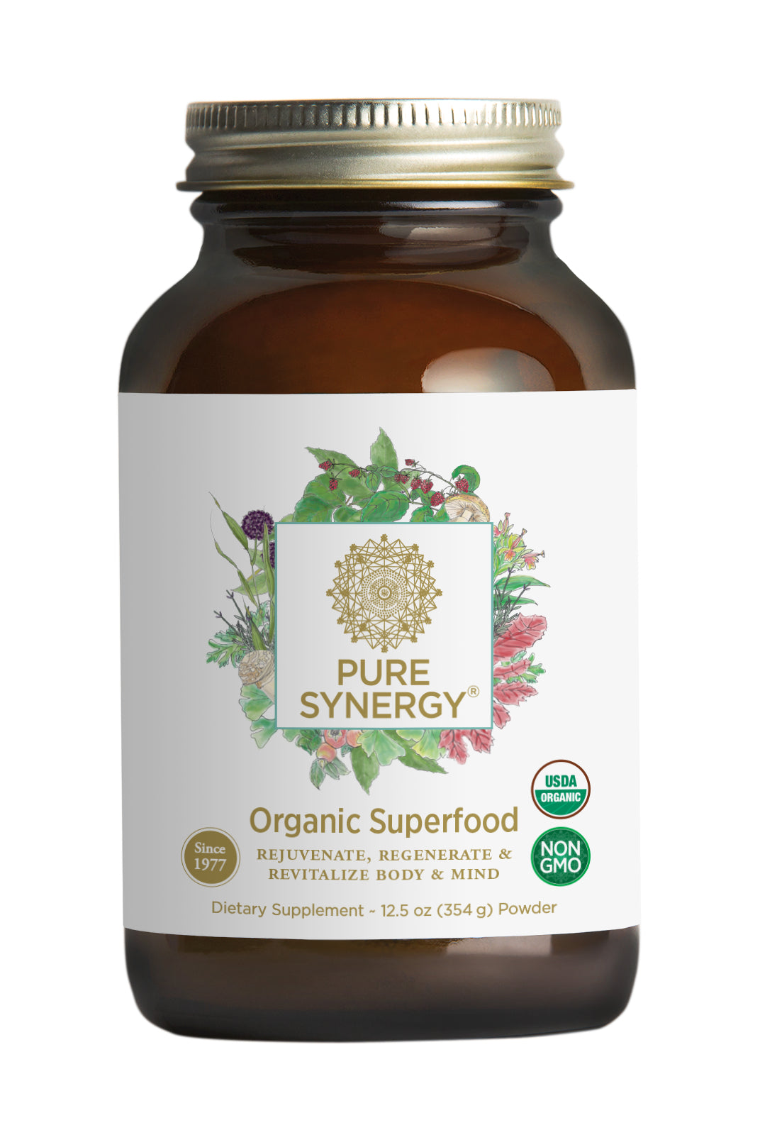 A 12.5 oz brown jar of Pure Synergy® Organic Superfood powder, featuring floral graphics, USDA Organic and Non-GMO badges, a gold lid, and containing a potent dietary supplement formula made with premium organic ingredients.