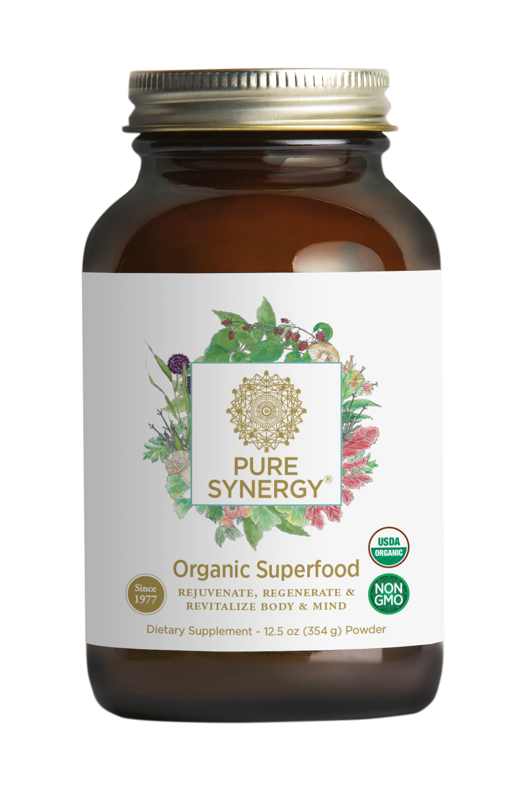 A brown glass jar labeled Pure Synergy® Organic Superfood — 12.5 oz Powder, featuring an illustrated floral design, USDA Organic and Non-GMO seals, and crafted with organic ingredients.