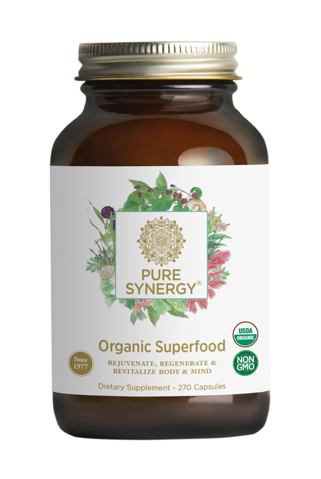 A brown glass bottle from The Synergy Company, labeled Pure Synergy® Organic Superfood Capsules, holds 270 super greens capsules. The label displays floral art and USDA Organic plus Non-GMO certifications, emphasizing its organic formula.