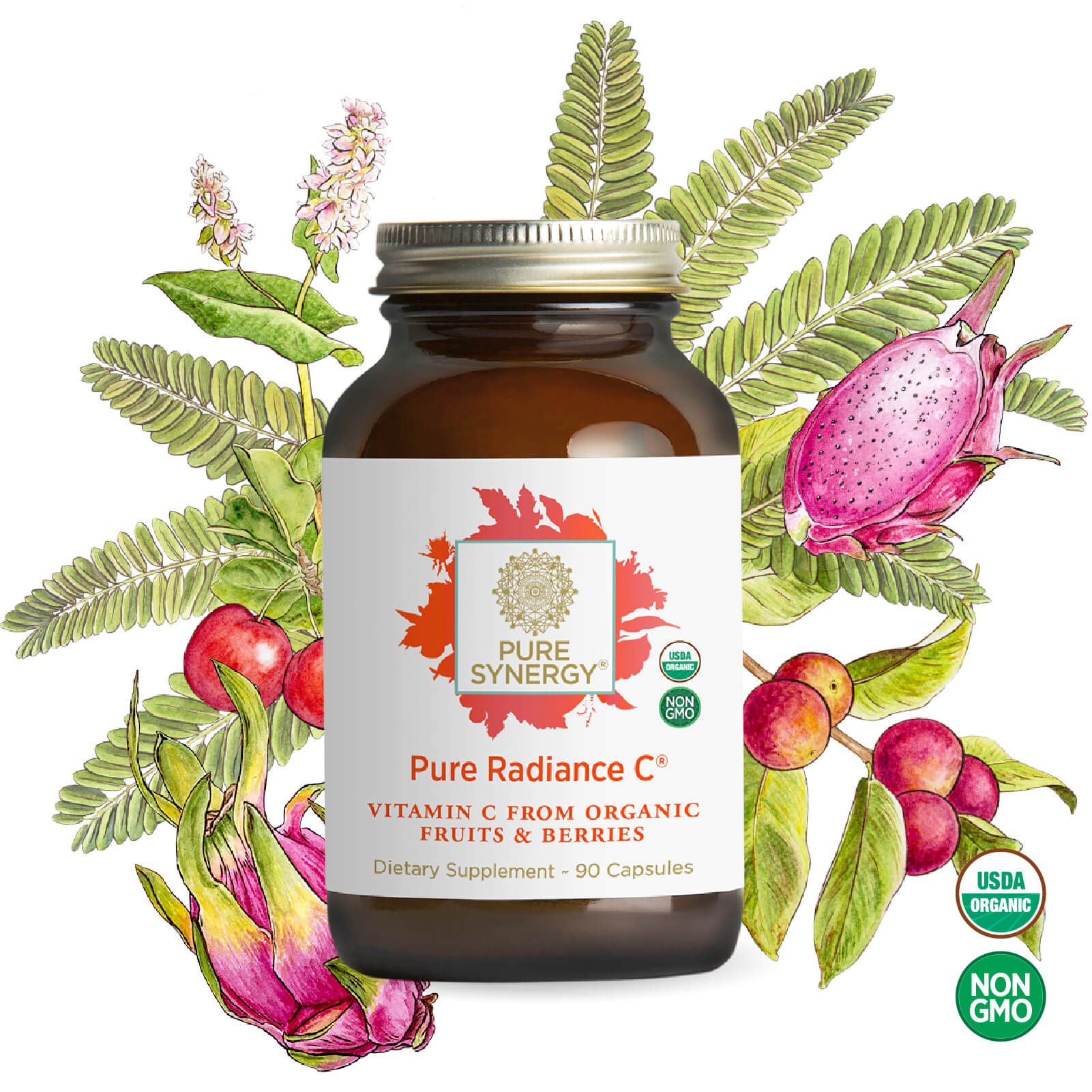 A brown bottle of Organic Pure Radiance C® Capsules with a white label, displayed in front of illustrated fruits, leaves, and certification logos for USDA Organic and Non-GMO. This natural vitamin C supplement contains organic camu camu and acerola cherry, providing a pure, whole-food source of vitamin C.