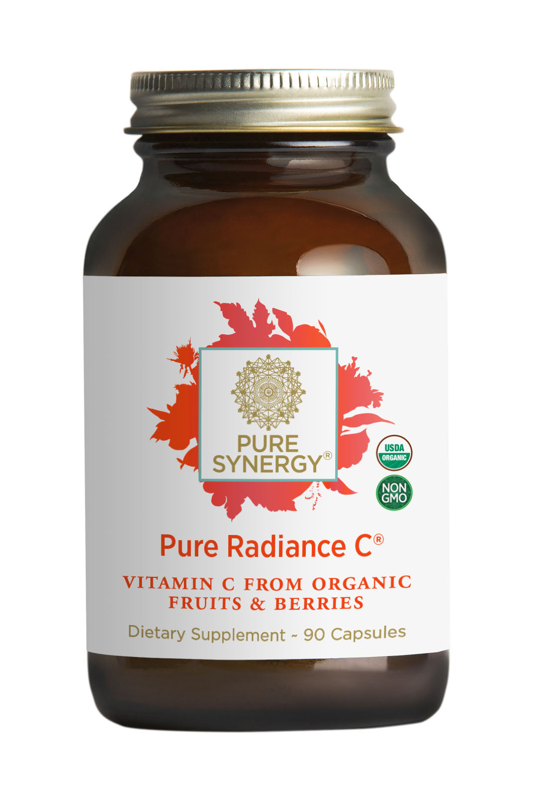 Brown glass bottle labeled Pure Radiance C® Capsules, a natural vitamin C supplement made from organic camu camu and acerola cherry, contains 90 capsules, and features USDA Organic and Non-GMO seals.
