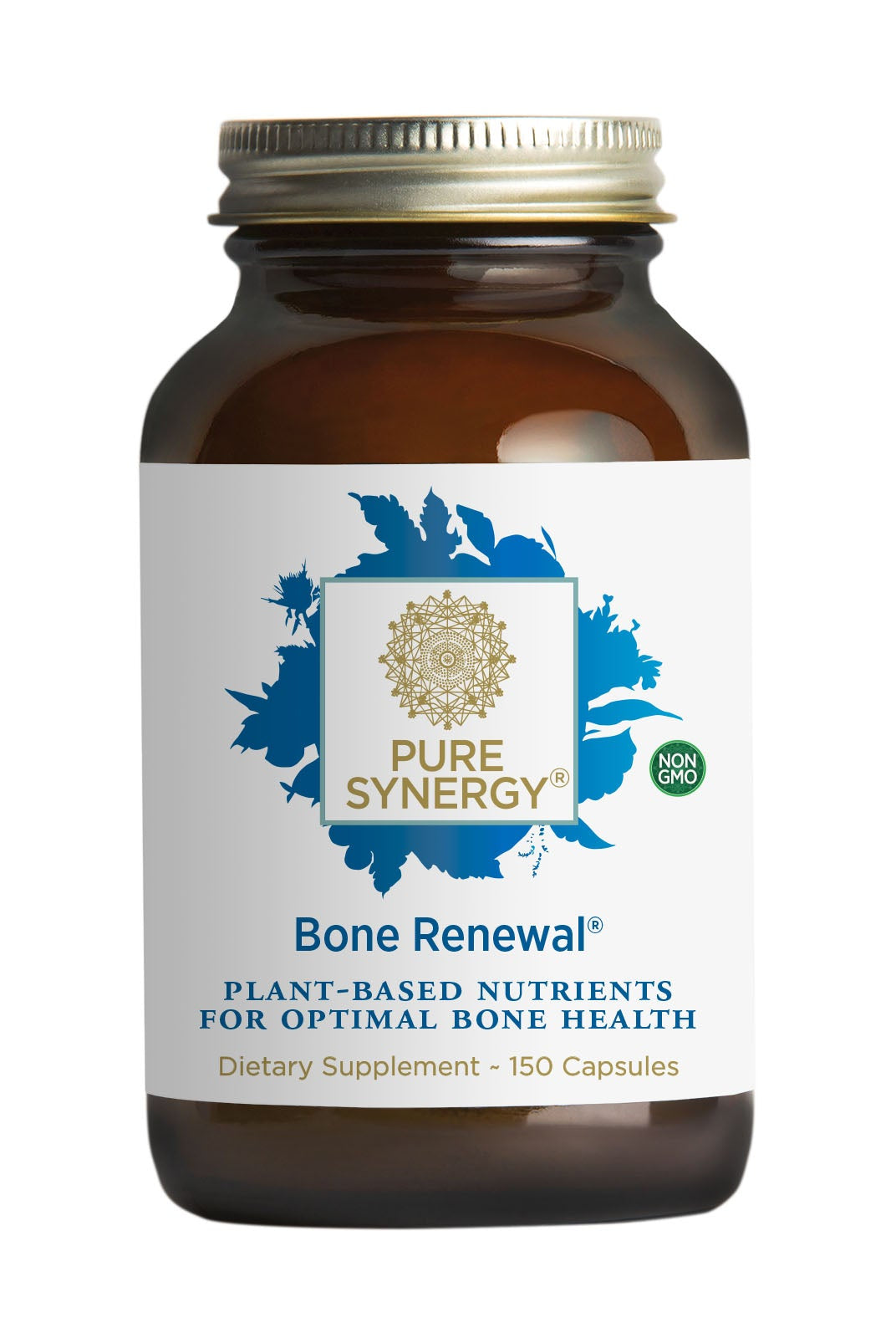 A brown glass bottle of The Synergy Company Bone Renewal® dietary supplement features a gold and blue label highlighting plant-based vitamins and minerals for bone health, and contains 150 capsules.