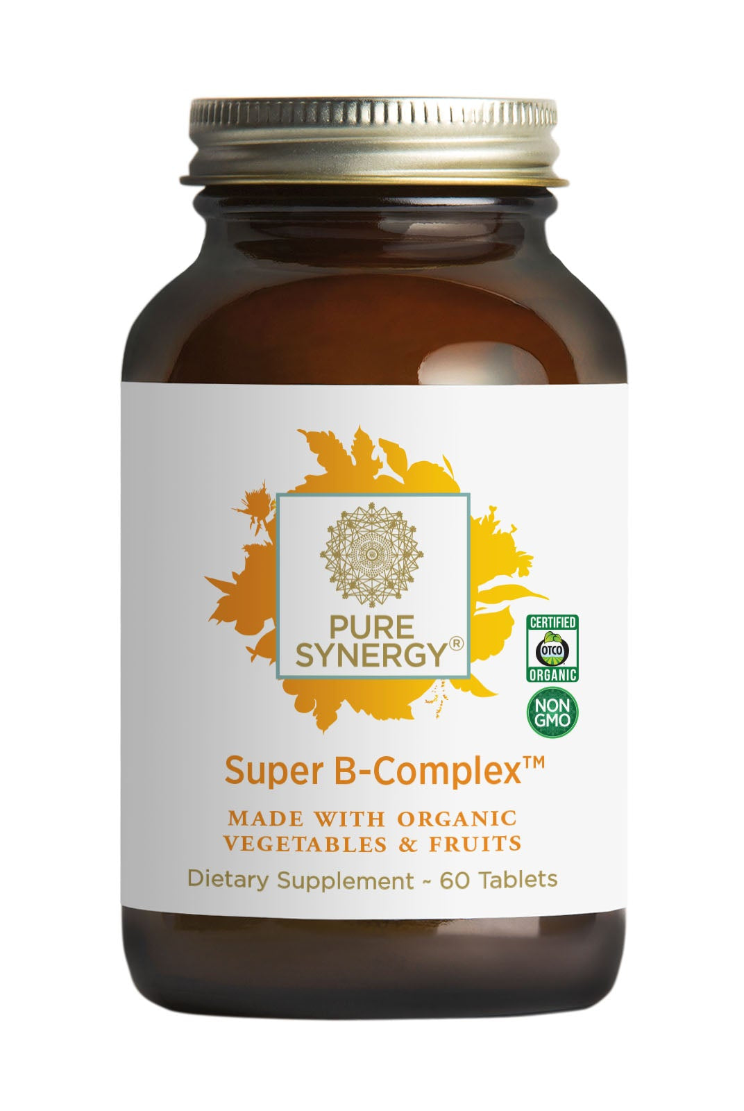 A brown glass bottle of The Synergy Company Super B-Complex™ dietary supplement with 60 tablets, featuring an energizing organic fruit and vegetable formula rich in B vitamins, and displaying USDA Organic and Non-GMO Project Verified seals.