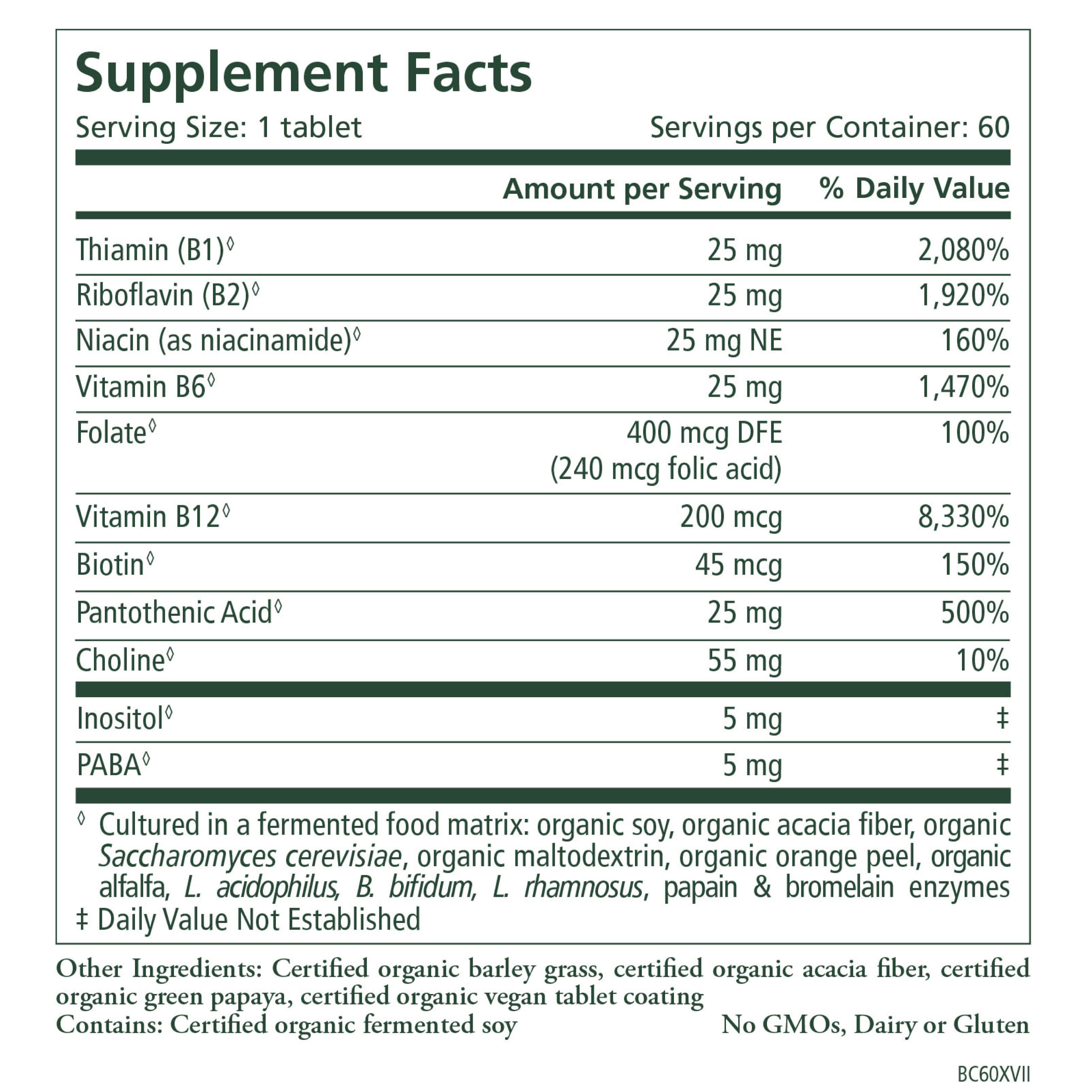 The Synergy Company’s Super B-Complex™ Supplement Facts label lists per-tablet nutritional info, featuring a complete blend of B vitamins: B1, B2, B3, B6, B12, Folate, Biotin, Pantothenic Acid, Choline, Inositol, PABA, and more.