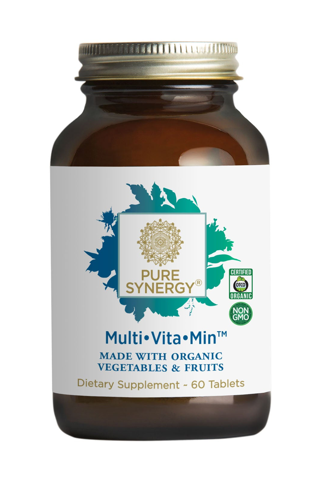 A brown glass bottle of The Synergy Company Multi•Vita•Min™ dietary supplement with a white label, green and blue design, containing 60 tablets of essential vitamins made with organic whole foods for daily nutrition.