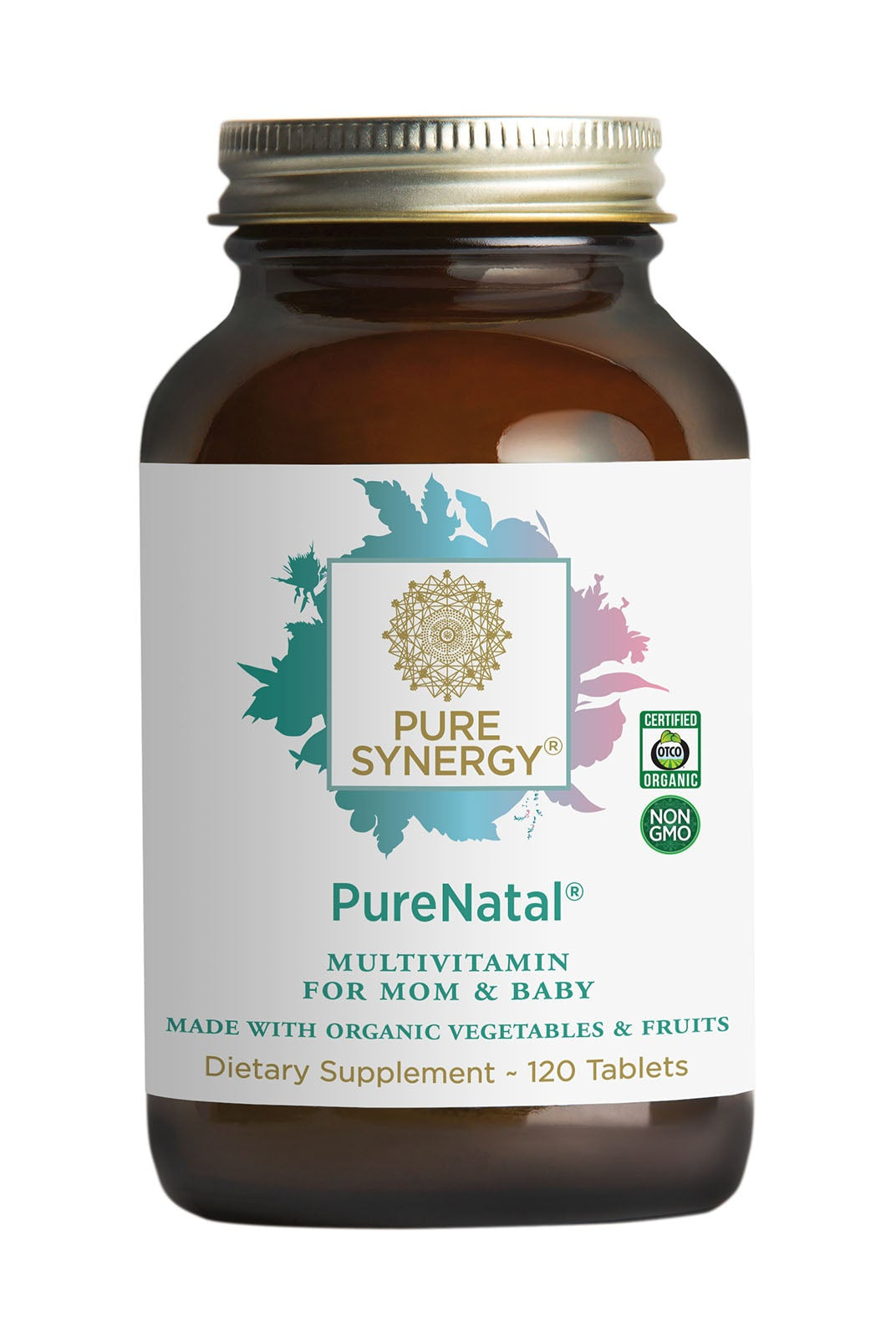 A brown bottle labeled The Synergy Company PureNatal® with 120 tablets, featuring organic and non-GMO seals, nature-themed graphics, and formulated to support moms and babies during pregnancy and breastfeeding.