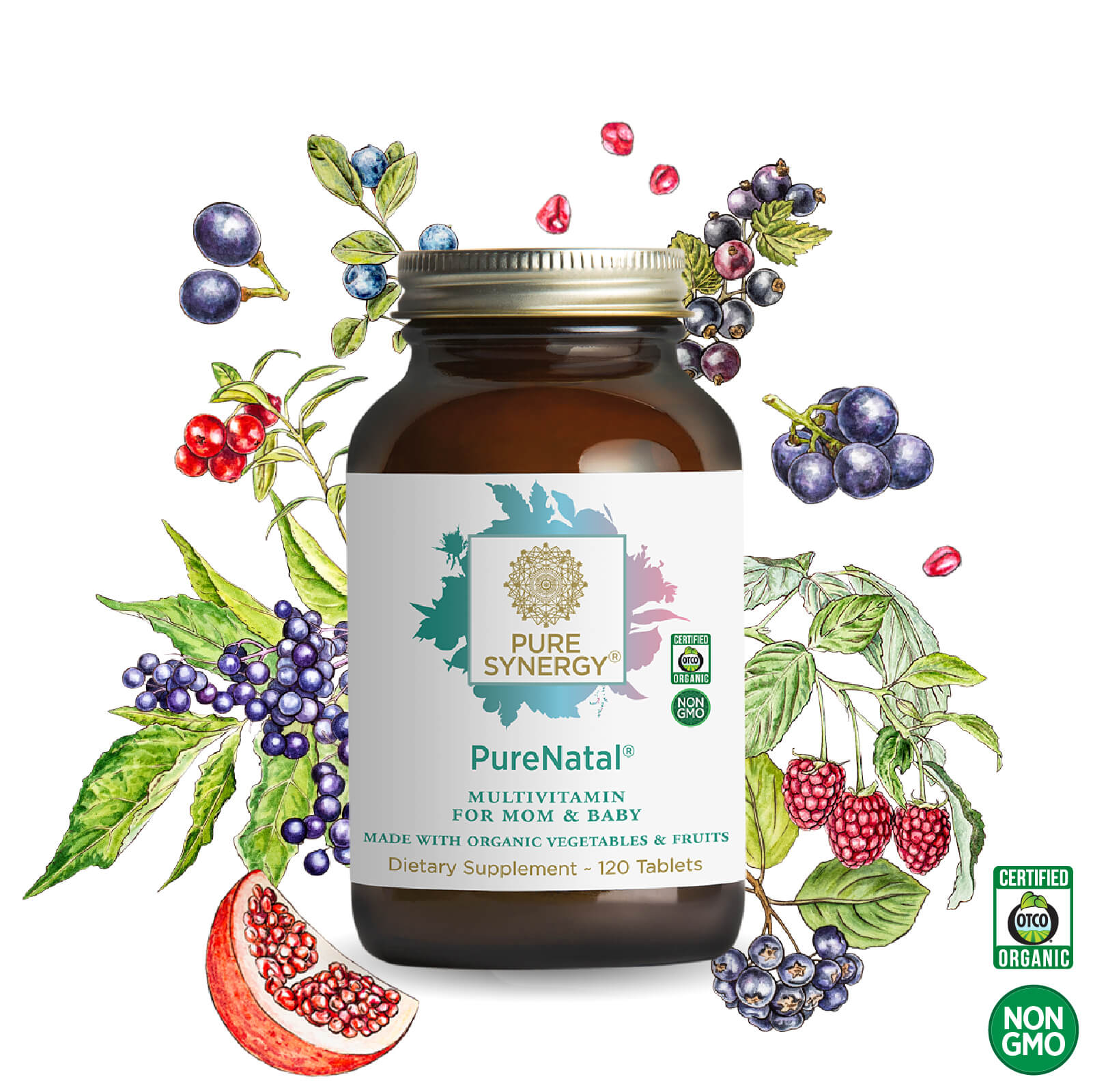 A bottle of The Synergy Company PureNatal® prenatal multivitamin (120 tablets) sits among fruit and berry illustrations. Labels show it's organic, non-GMO, and specially formulated to support pregnancy for mom and baby.