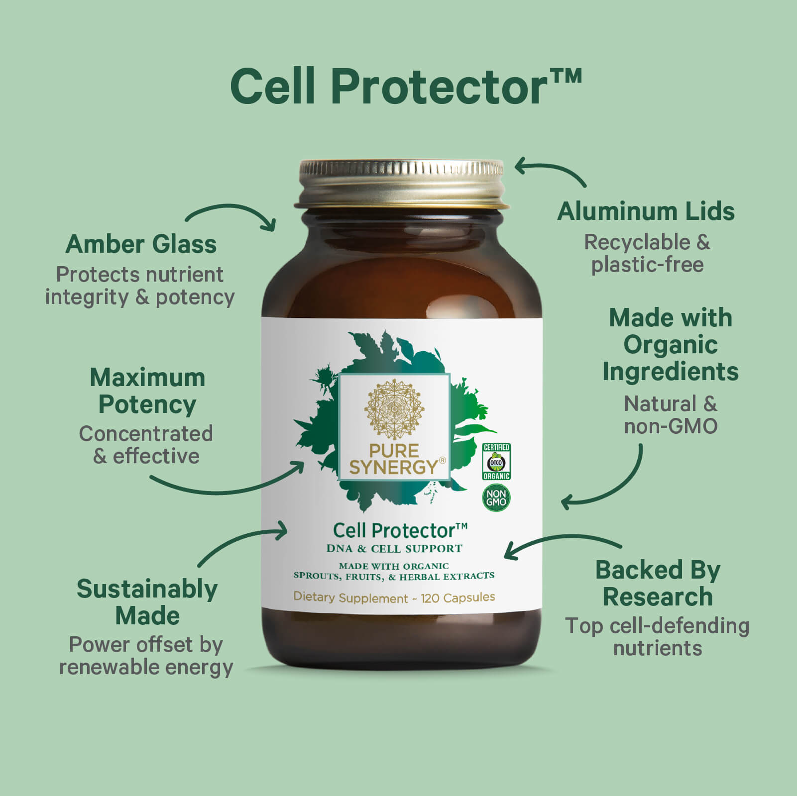 A brown Cell Protector™ bottle by The Synergy Company sits on a green background, with text highlighting healthy aging, amber glass, maximum potency, sustainable production, aluminum lids, organic ingredients, and research-backed benefits.