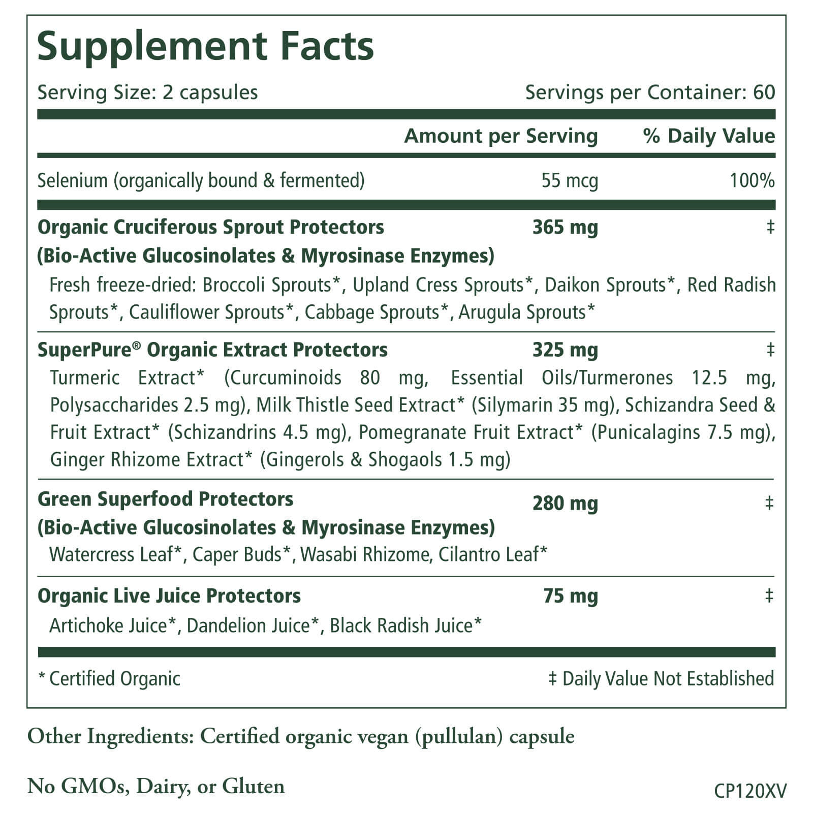 Cell Protector™ Supplement Facts label reveals organic plant extracts valued for detox and cellular defense. This vegan, non-GMO, dairy-free, gluten-free formula naturally supports healthy aging.