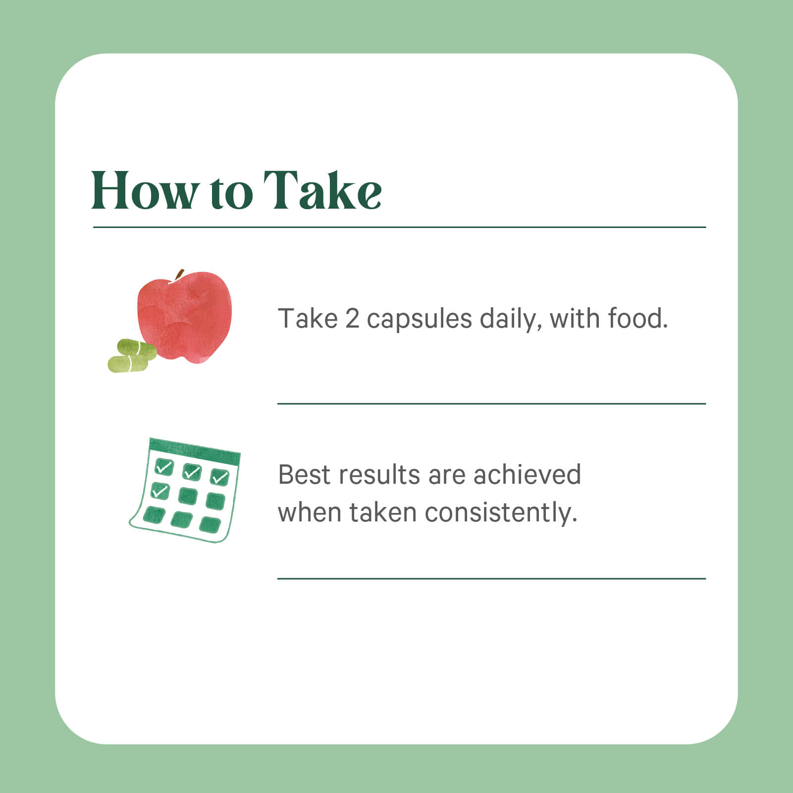 Instruction graphic with an apple and capsules says: "Take 2 Cell Protector™ capsules daily, with food." Below is a calendar icon with check marks and text: "For healthy aging, best results are achieved when taken consistently." — The Synergy Company.