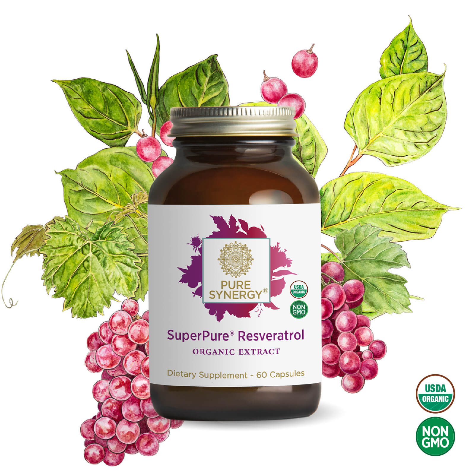A bottle of The Synergy Company SuperPure® Resveratrol Extract appears before illustrated grape leaves and berries, emphasizing its resveratrol benefits for heart health. USDA Organic and Non-GMO icons are shown in the lower right corner.