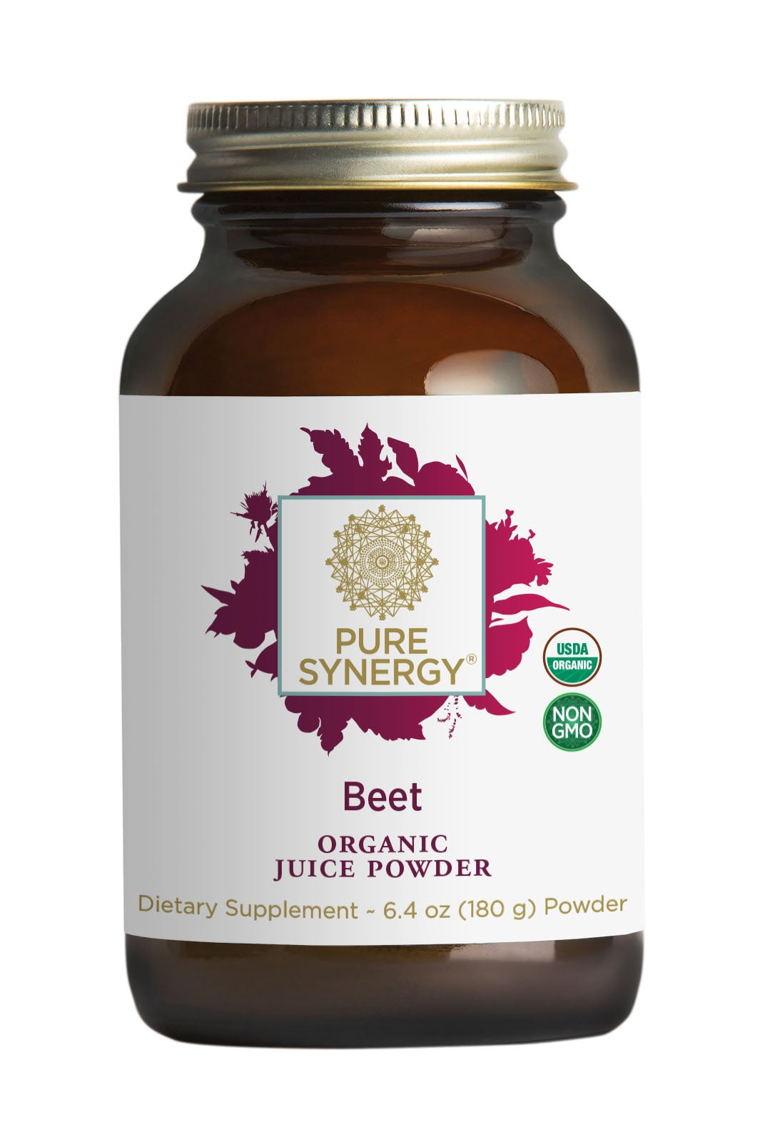A 6.4 oz (180g) brown glass jar of The Synergy Company Organic Beet Juice Powder, a USDA Organic and Non-GMO dietary supplement rich in antioxidants and natural nitrates.