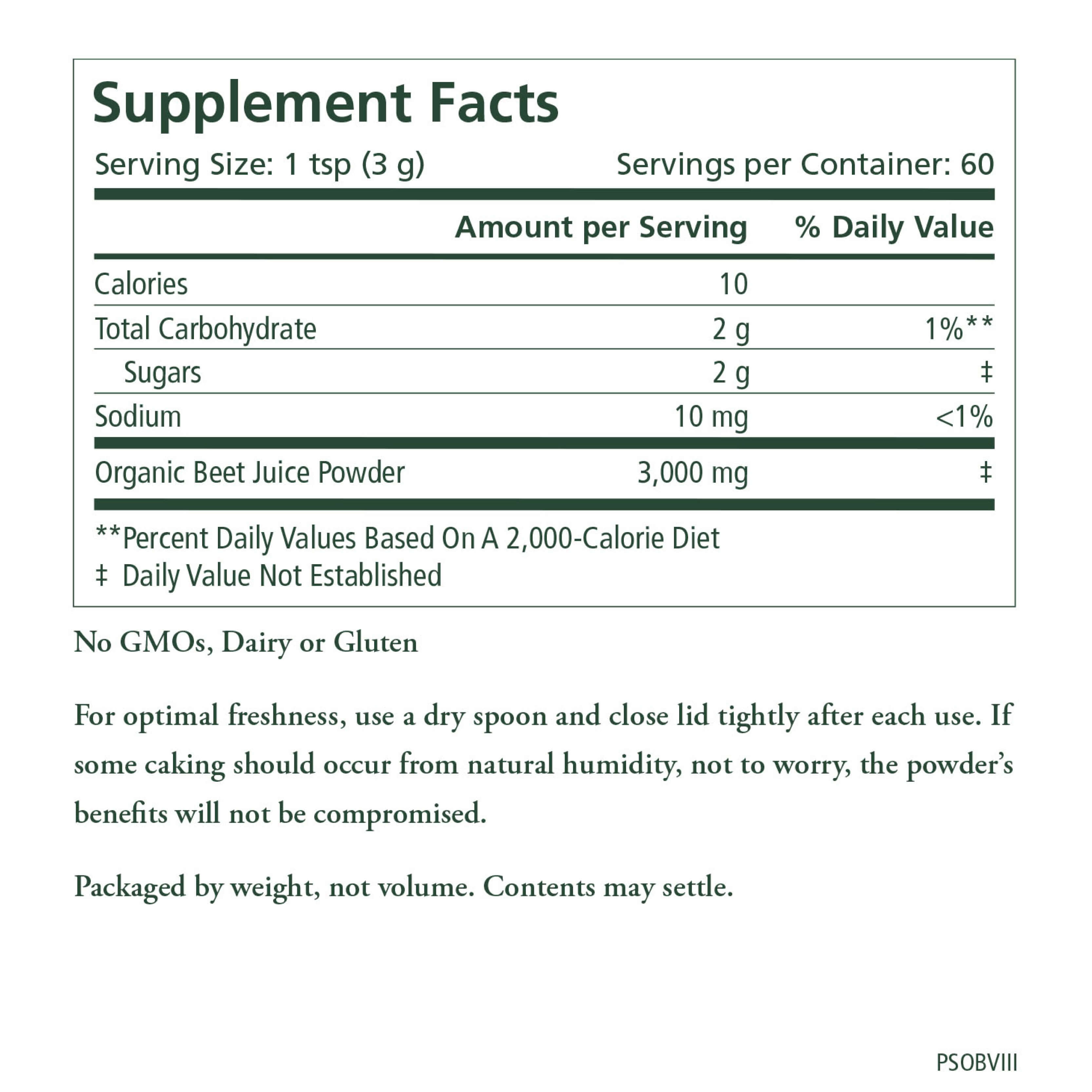 The Synergy Company Organic Beet Juice Powder’s supplement label lists 1 tsp (3g) per serving, 60 servings per container, calories, carbs, sugars, sodium, antioxidants, organic beet juice powder; and is non-GMO, dairy-free & gluten-free.