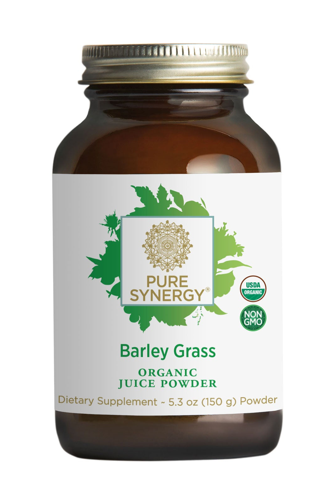 A 5.3 oz (150 g) brown glass jar of The Synergy Company Organic Barley Grass Juice Powder features green leaf graphics, USDA Organic and Non-GMO badges, and is rich in antioxidant enzymes and alkalizing minerals.