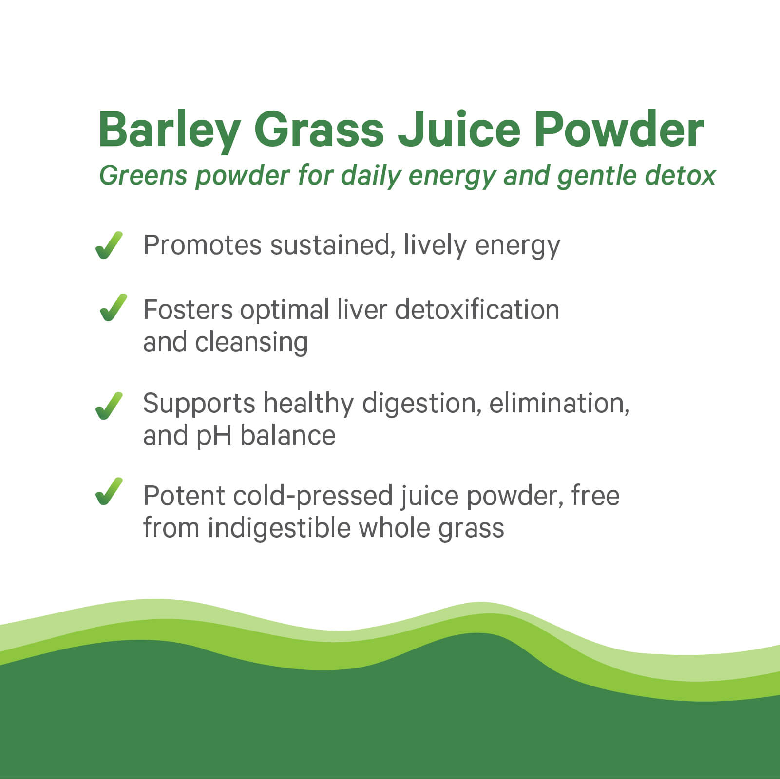 Organic Barley Grass Juice Powder by The Synergy Company: ✔️ Boosts energy ✔️ Antioxidant enzymes aid liver detox ✔️ Alkalizing minerals support digestion & pH ✔️ Potent cold-pressed juice powder, not whole grass. Wavy green design at the bottom.