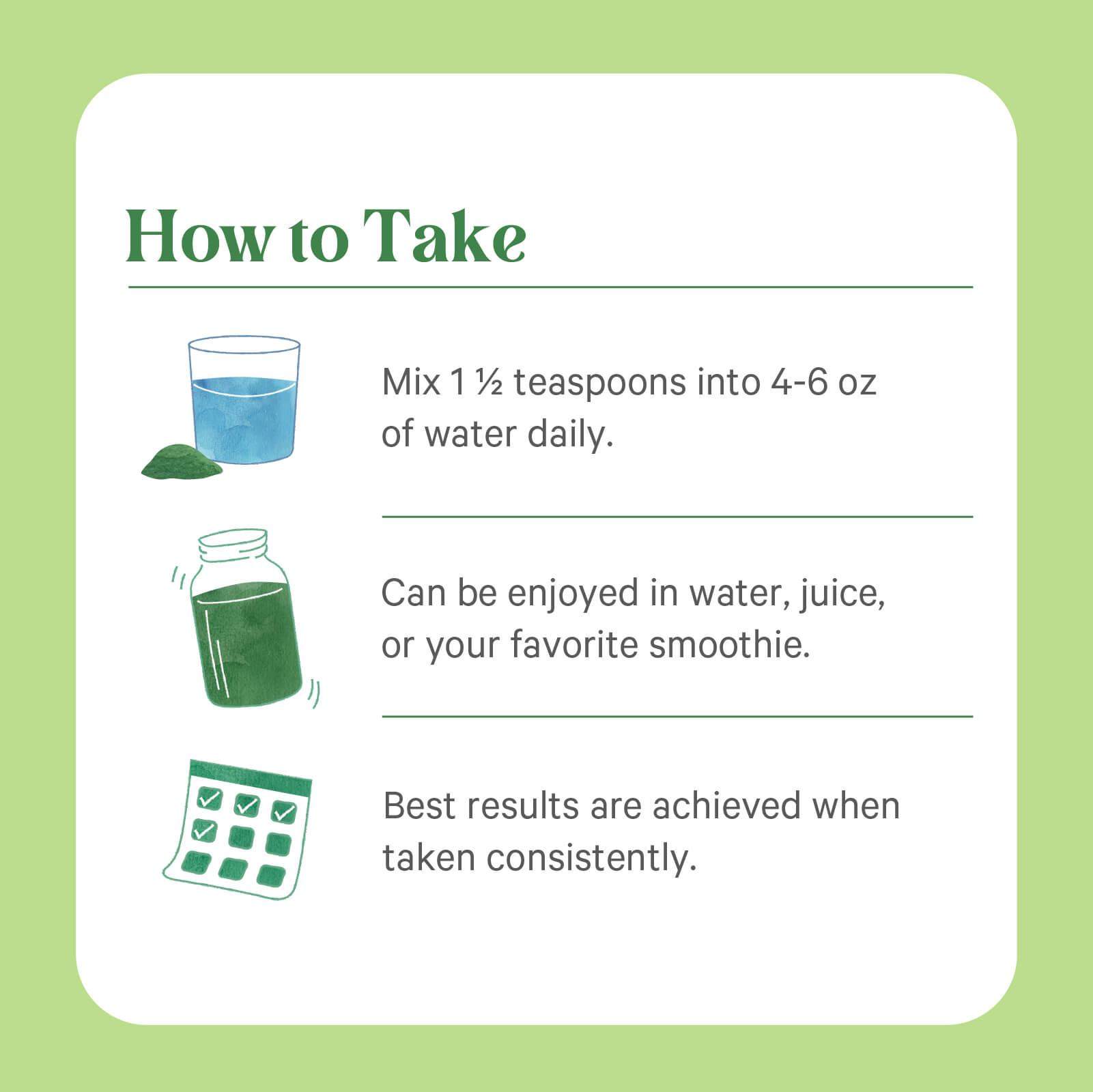 Instructions: Mix 1.5 tsp of The Synergy Company Organic Barley Grass Juice Powder into 4–6 oz water, juice, or smoothie daily for best results. Includes illustrations of powder in water, bottle, and calendar.