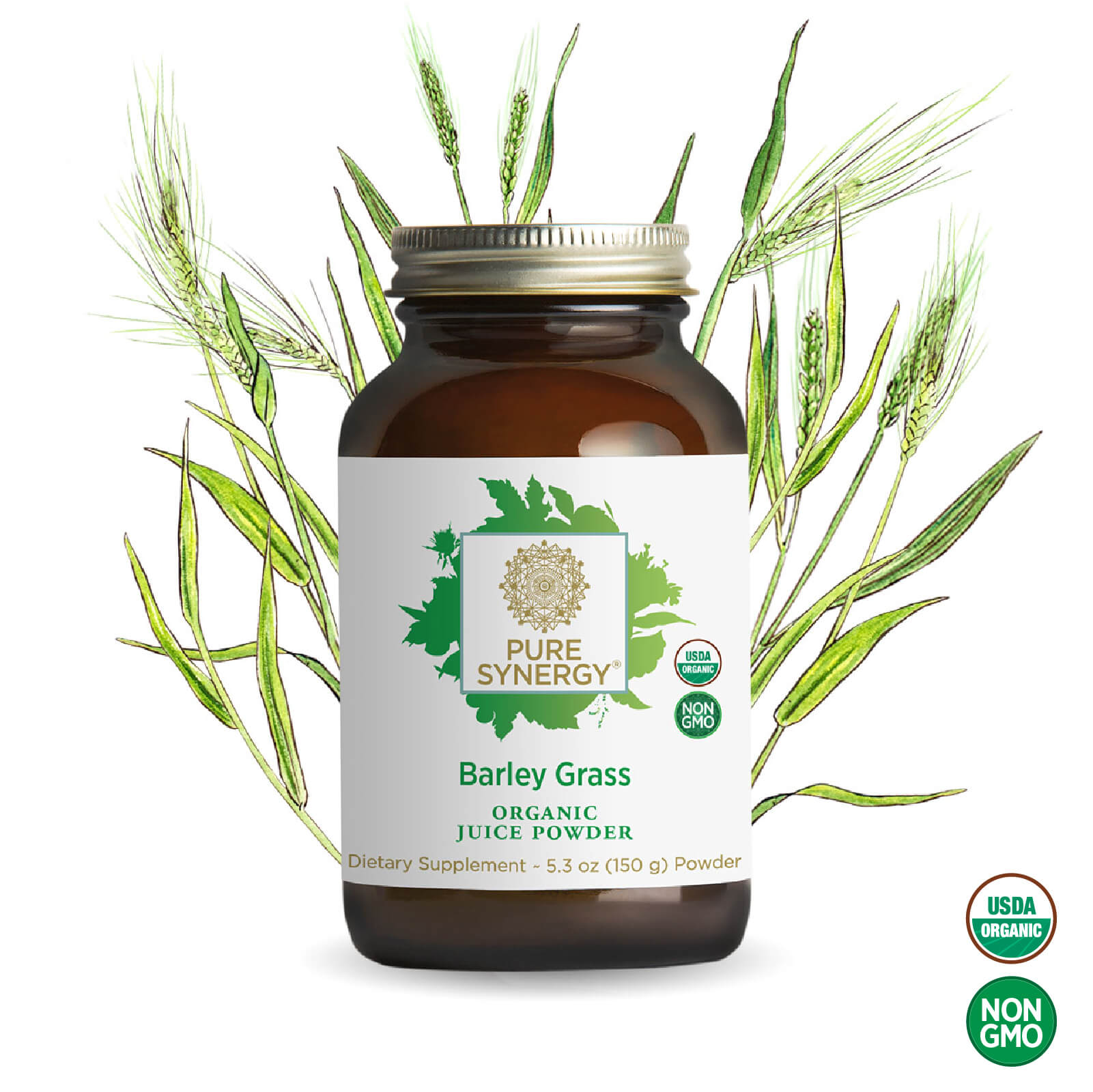 A brown glass jar of The Synergy Company Organic Barley Grass Juice Powder sits before illustrated barley plants, with a label showing USDA Organic and Non-GMO badges and mentioning alkalizing minerals and antioxidant enzymes.