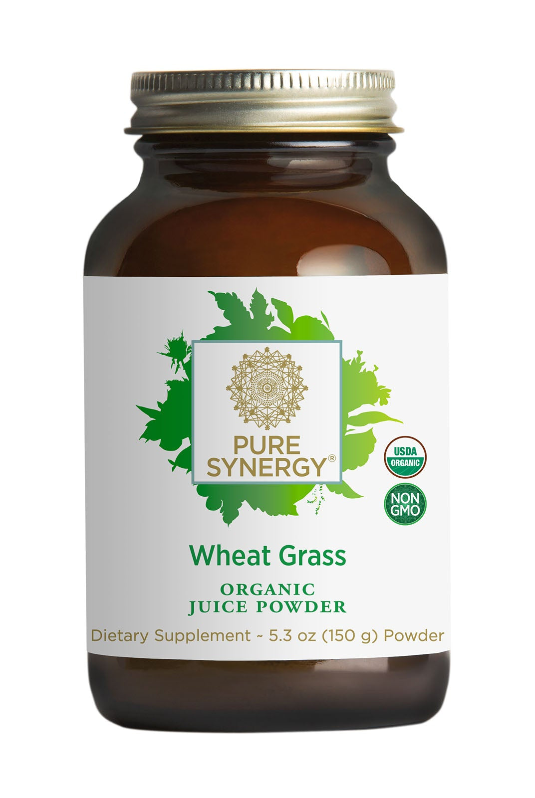 A brown glass jar labeled The Synergy Company Organic Wheat Grass Juice Powder, with green leaf graphics and USDA Organic and Non-GMO logos. Contains 5.3 oz (150 g) of organic wheat grass juice powder high in chlorophyll.