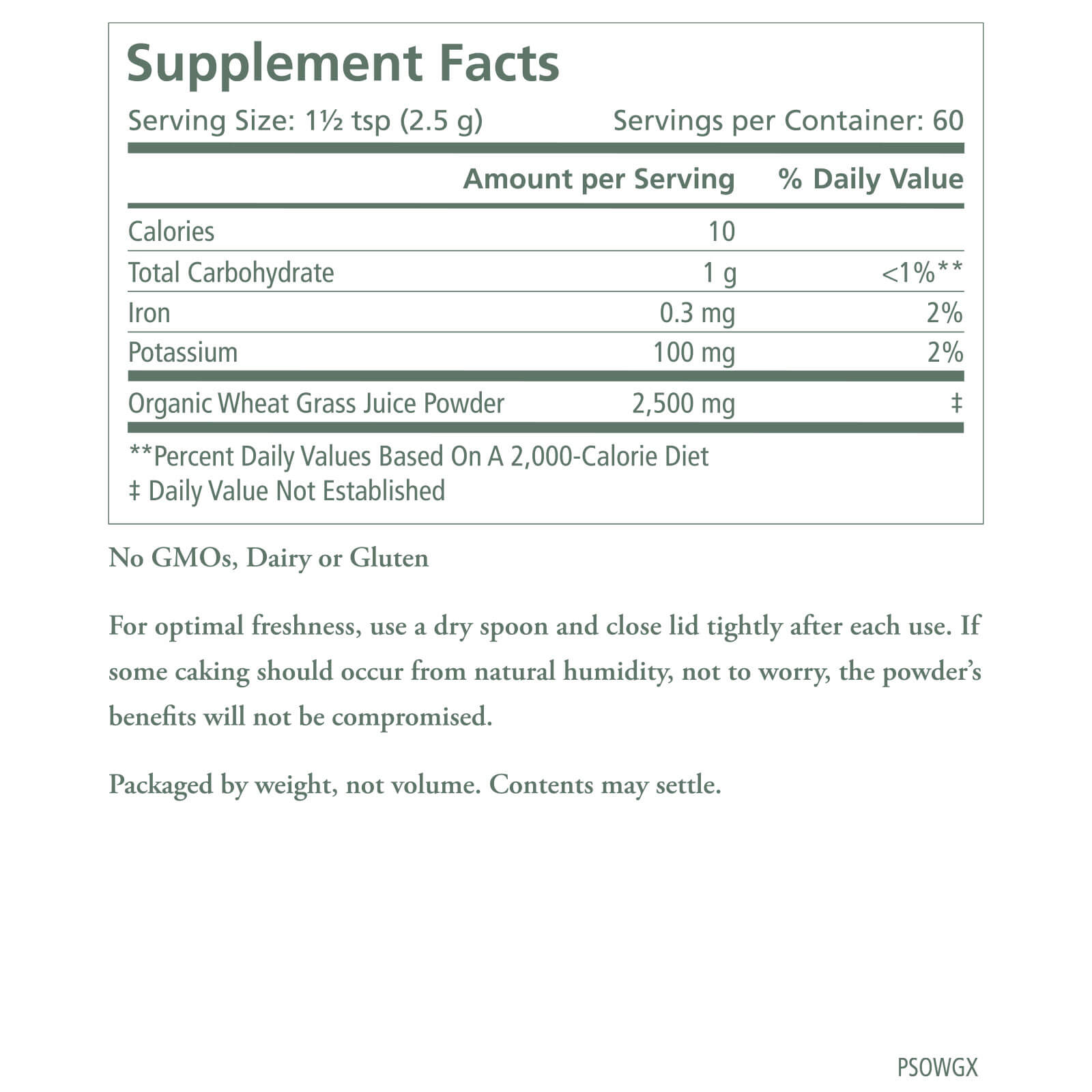 The Synergy Company Organic Wheat Grass Juice Powder Supplement Facts: 1½ tsp serving, 10 calories, 1g carbs, 2% iron, 2% potassium, 2,500mg organic wheat grass juice powder. Rich in chlorophyll. Includes usage and storage instructions.