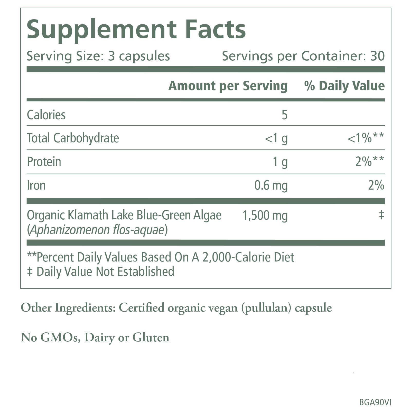 Supplement Facts label for The Synergy Company's Brainpower Bundle dietary supplement. Serving size: 3 capsules. Contains 5 calories, 1g carbohydrates, 1g protein, and 0.6mg iron. Main ingredient: 1,500mg organic Klamath Lake blue-green algae infused with matcha green tea. The capsule is vegan and free from GMOs, dairy, and gluten.