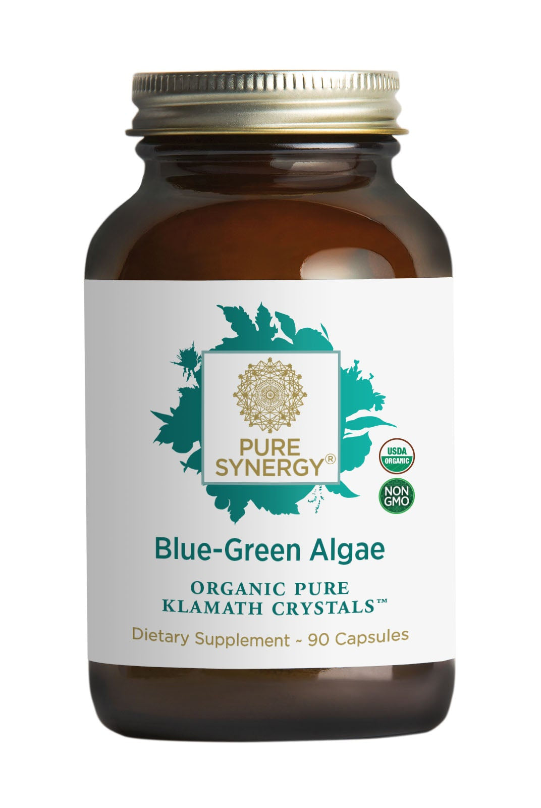 A brown bottle of The Synergy Company Organic Blue-Green Algae Capsules with a white label, green accents, and gold logo features Organic Pure Klamath Crystals, 90 capsules, USDA Organic, and Non-GMO.