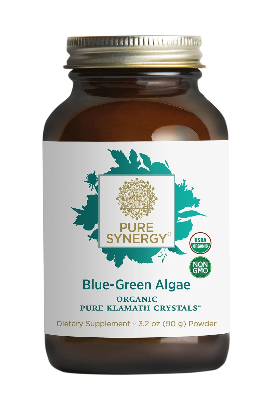 A brown glass jar of The Synergy Company Organic Blue-Green Algae Powder with a white label, USDA Organic and Non-GMO seals, and a gold emblem. Contains 3.2 oz (90 g) of organic Aphanizomenon flos-aquae supplement.
