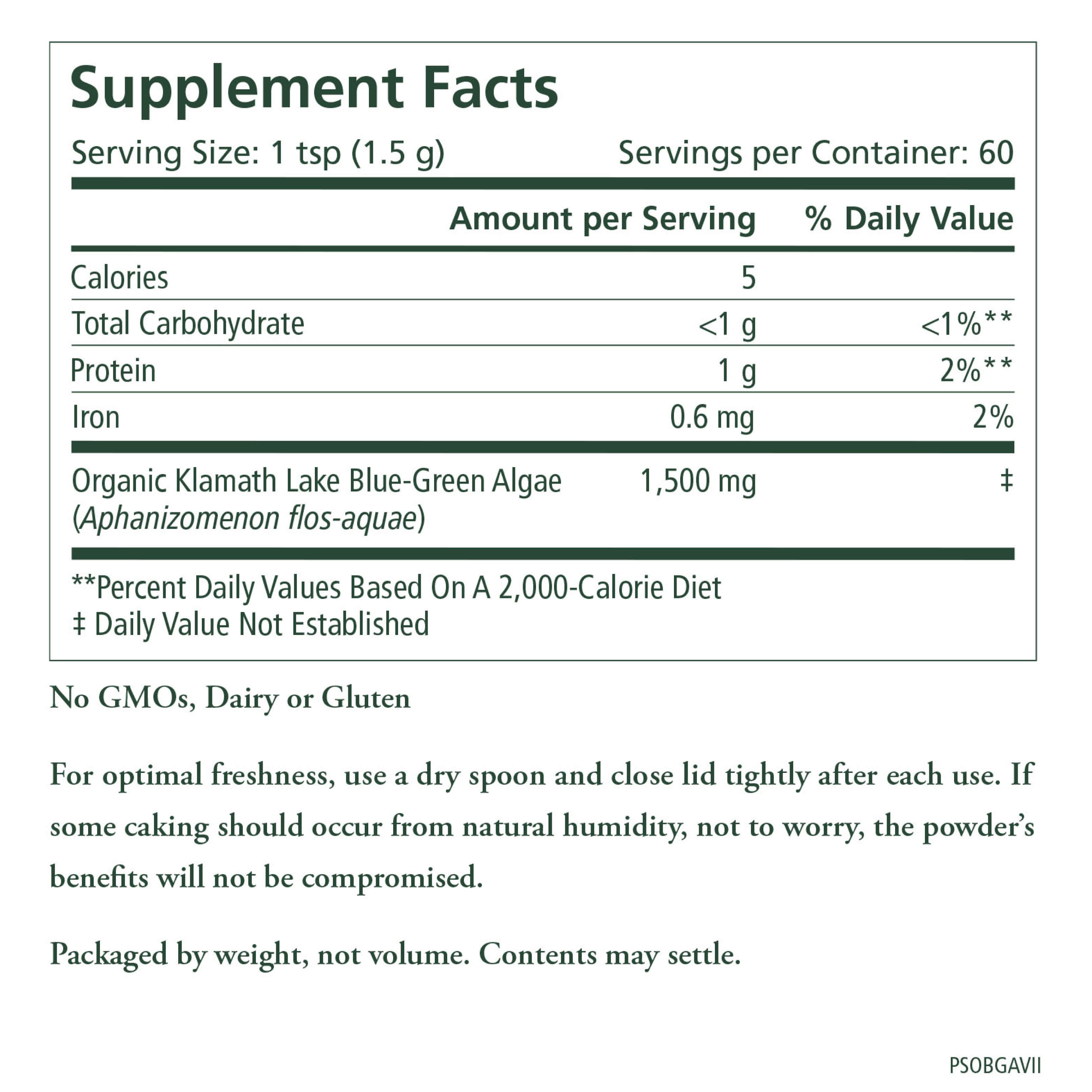The Synergy Company Organic Blue-Green Algae Powder Supplement Facts: 1 tsp (1.5g) per serving, 60 servings; 5 calories, <1g carbs, 1g protein, 0.6mg iron, 1500mg organic Aphanizomenon flos-aquae; storage and allergen info included.