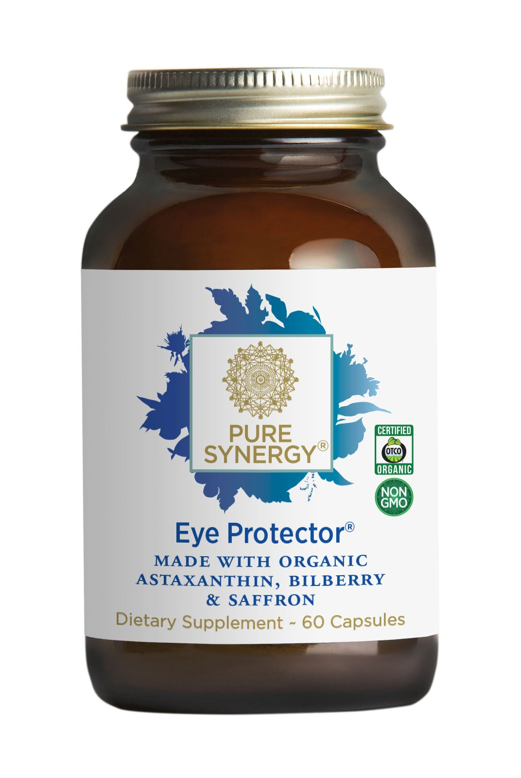 A brown glass bottle labeled Eye Protector® by The Synergy Company with 60 capsules. Its label features organic astaxanthin, bilberry, and saffron extracts, plus USDA Organic and Non-GMO logos, promoting it as a natural vision supplement.