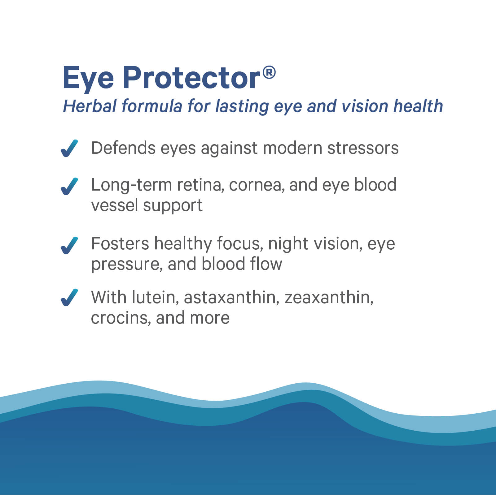 Promotional graphic for Eye Protector® by The Synergy Company, a natural vision supplement with organic botanicals. Highlights benefits: defends eyes, supports retina and vessels, fosters focus. Features lutein, astaxanthin, crocins & more.