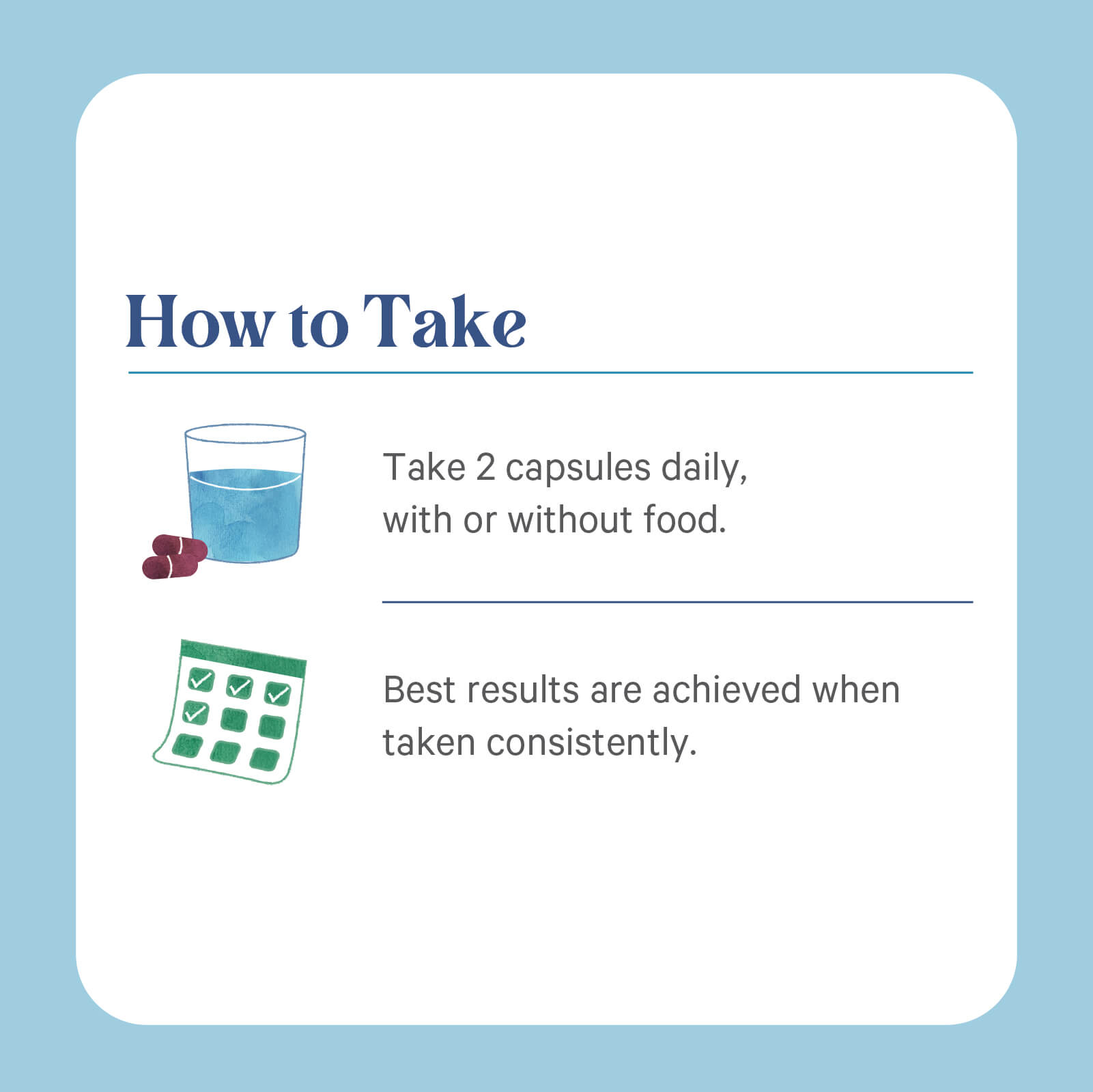 Instruction graphic shows a glass of water with capsules and a calendar. Text: How to Take. Eye Protector® by The Synergy Company supports eye health—take 2 capsules daily, with or without food. Stay consistent for best results.