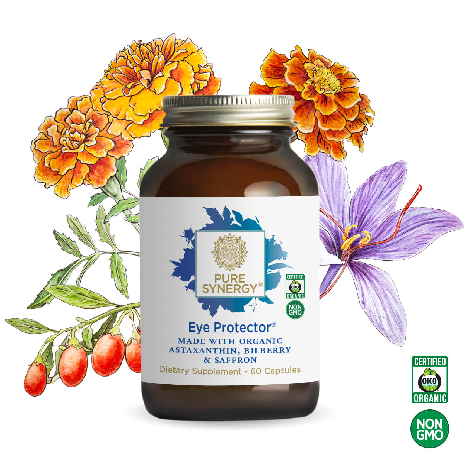 A bottle of The Synergy Company Eye Protector® vision supplement is shown with calendula, bilberry, goji berry, and saffron illustrations in the background. Organic and Non-GMO Certified icons are also displayed.