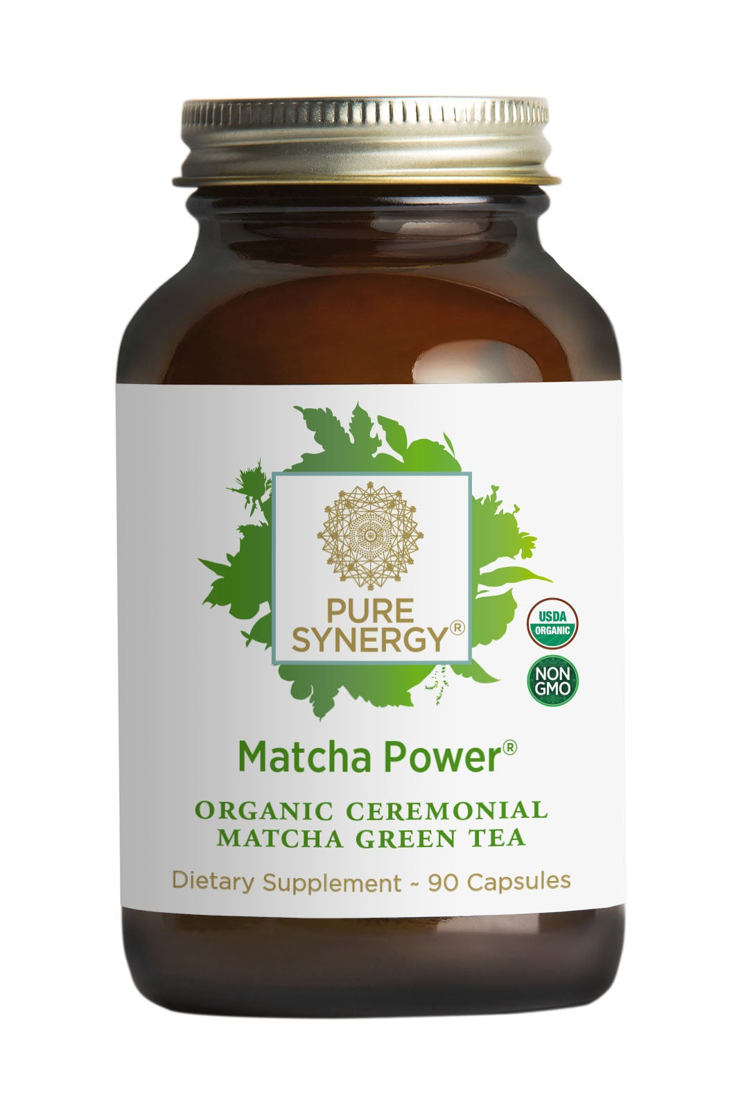 A brown bottle labeled Organic Matcha Power® Capsules by The Synergy Company contains 90 ceremonial-grade matcha capsules. The label features USDA Organic and Non-GMO Project Verified logos.