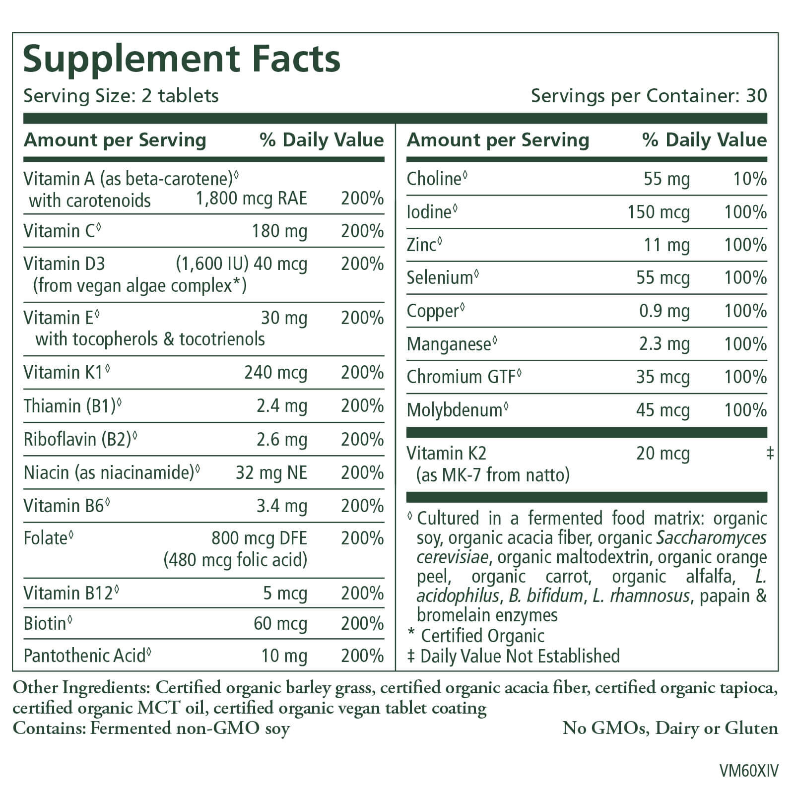 Multi•Vita•Min™ by The Synergy Company: Supplement Facts label lists nutrient amounts and daily values. Ingredients and extra nutrients included below. Notes confirm it's free of GMOs, dairy, and gluten, made from organic whole foods.