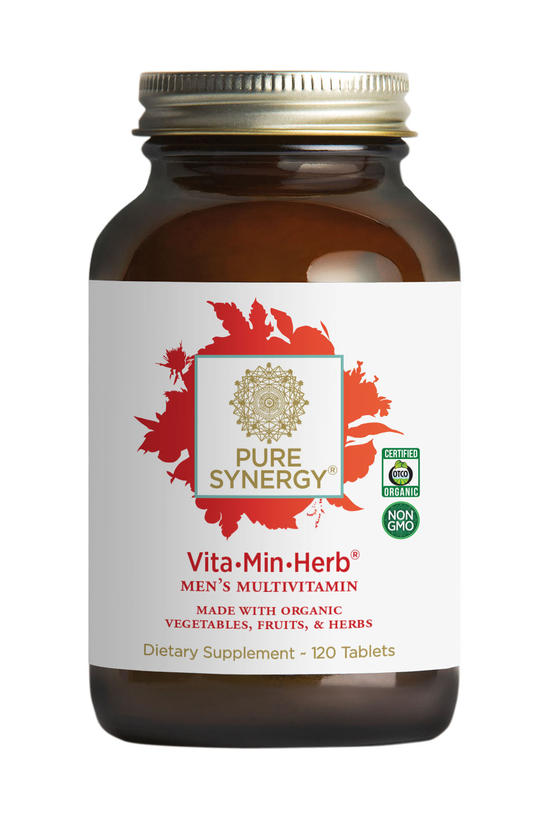 A bottle of The Synergy Company's Vita•Min•Herb® For Men multivitamin, specifically designed for men's health, is displayed. The label emphasizes its combination of organic vegetables, fruits, and herbs. This herbal multivitamin includes 120 tablets and boasts certifications for being organic and non-GMO.