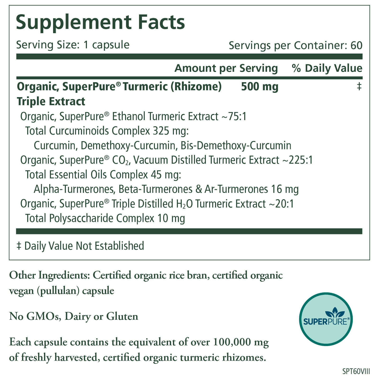 Supplement Facts for SuperPure® Turmeric Extract by The Synergy Company: 500 mg full-spectrum turmeric rich in curcuminoids, made with organic ingredients. No GMOs, dairy, or gluten. Features SUPERPURE and CCOF Certified Organic logos.