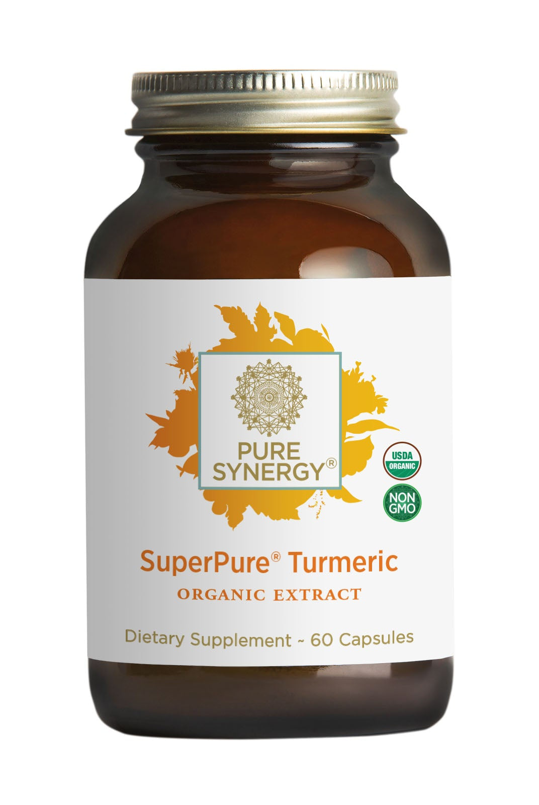 A brown glass bottle labeled The Synergy Company SuperPure® Turmeric Extract contains 60 capsules. The gold-accented label features USDA Organic & Non-GMO icons, turmeric leaf graphics, and promotes a full-spectrum, curcuminoid-rich complex.