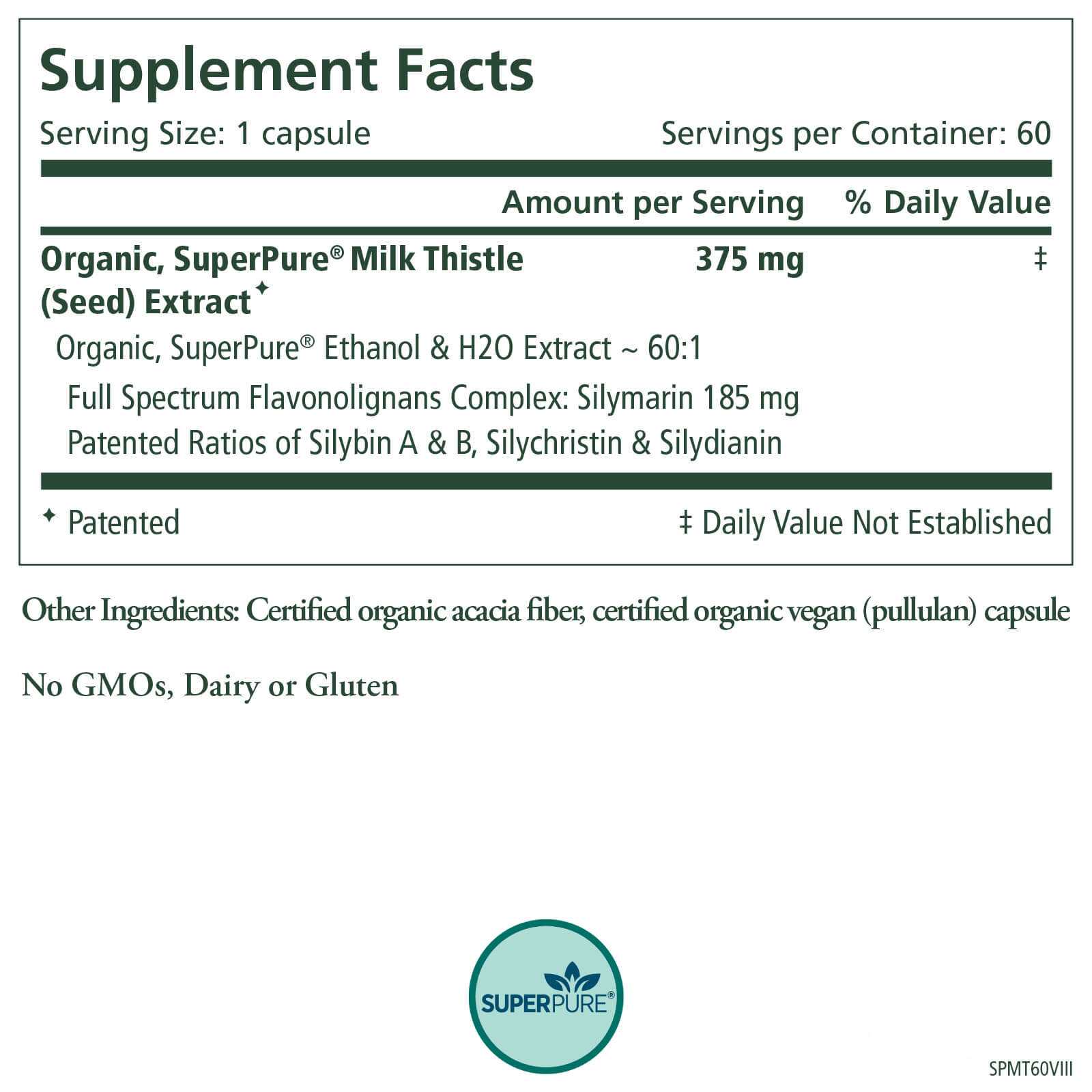 Supplement Facts label for The Synergy Company’s SuperPure® Milk Thistle Extract, providing 375 mg organic SuperPure extract per serving for liver detox and healthy cell renewal. No GMOs, dairy, or gluten. SuperPure logo shown at the bottom.