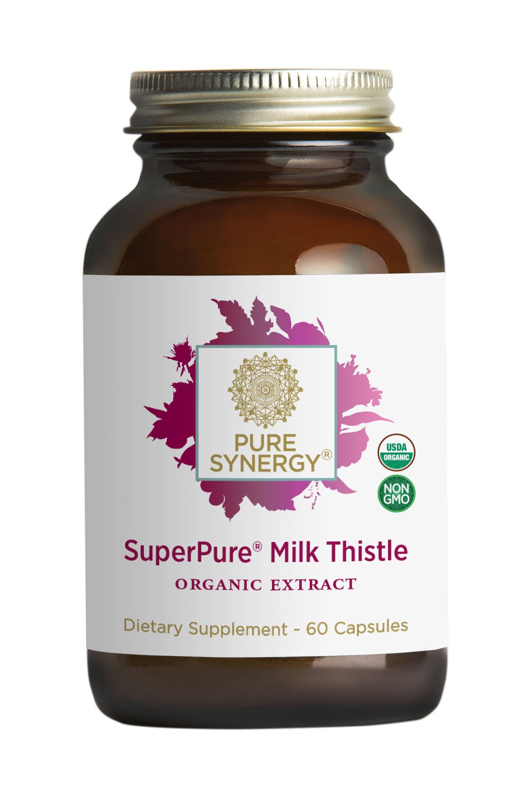 A brown bottle labeled The Synergy Company SuperPure® Milk Thistle Extract with 60 capsules features a gold logo, purple text, a milk thistle graphic, and icons for organic, non-GMO, and liver detoxification support.