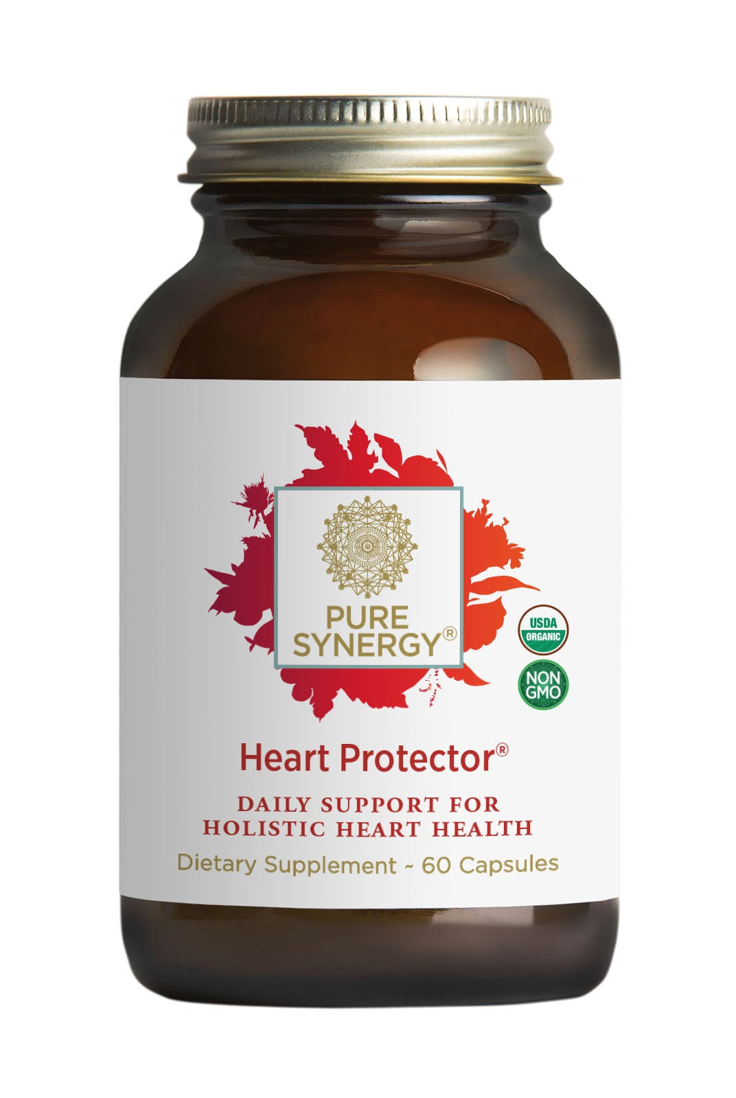 A brown bottle of Heart Protector® by The Synergy Company contains 60 capsules of organic, non-GMO botanical extracts for cardiovascular health. The label features a red leaf design and highlights organic certification.